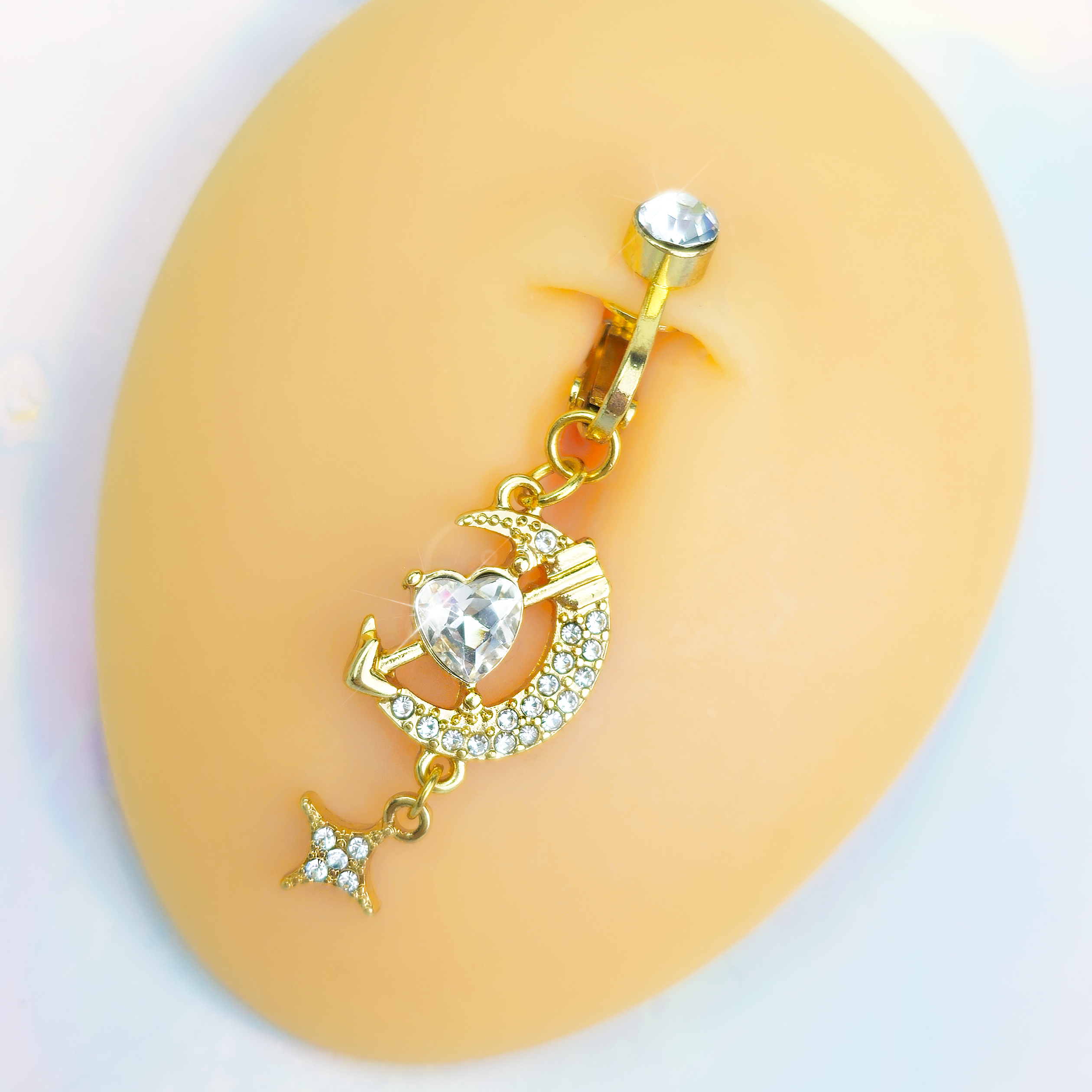 Clear Gem Gold Tone Moon Lover Dangle Clip On Fake Belly Ring