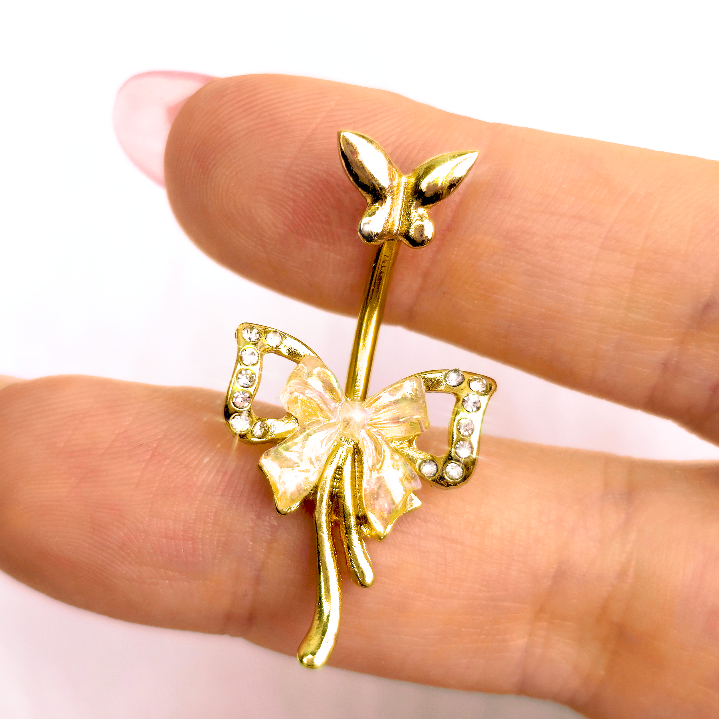 Aurora Gem Gold Tone Butterfly Ribbon Beauty Double Mount Belly Ring