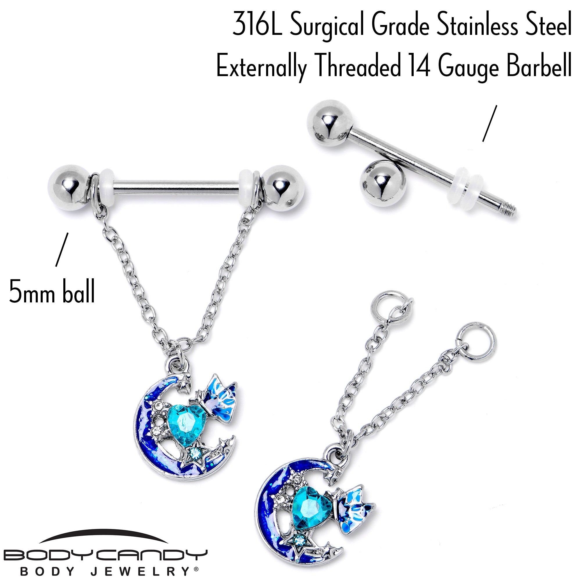 14 Gauge 9/16 Blue Gem Butterfly Love Heart Dangle Nipple Ring Set