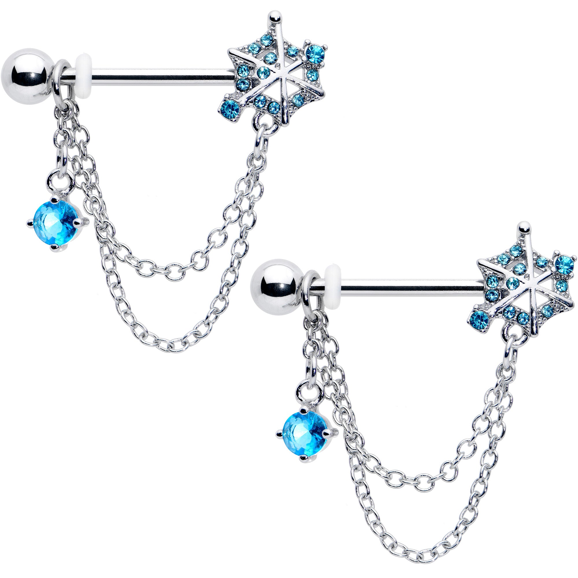 14 Gauge 9/16 Blue CZ Gem Spiderweb Chain Dangle Nipple Ring Set