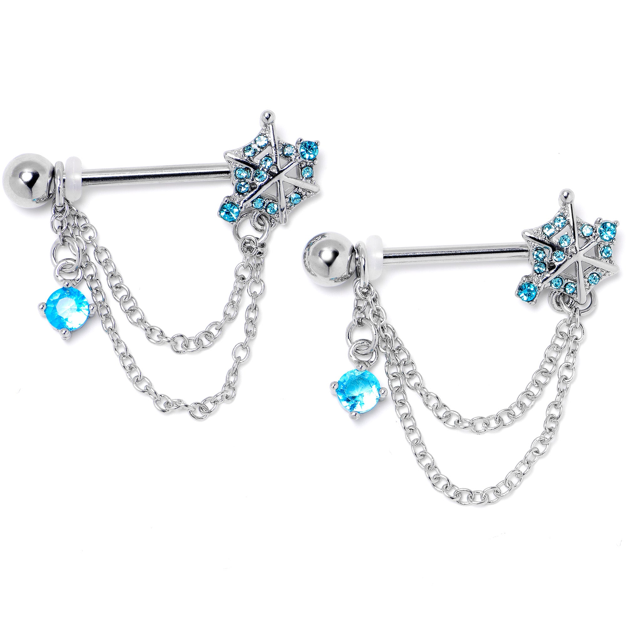 14 Gauge 9/16 Blue CZ Gem Spiderweb Chain Dangle Nipple Ring Set