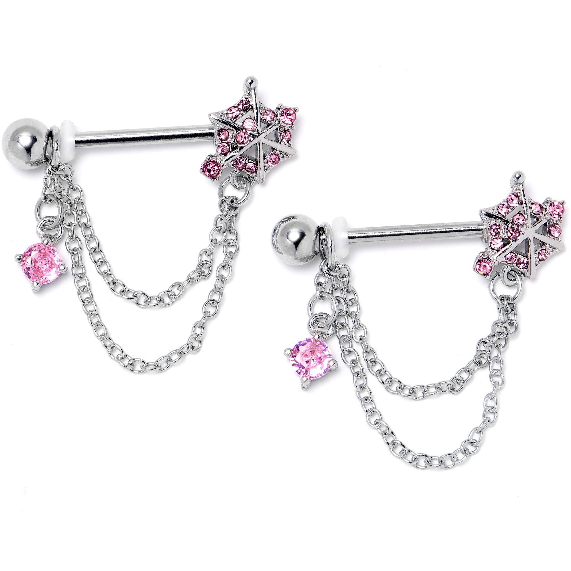 14 Gauge 9/16 Pink CZ Gem Spiderweb Chain Dangle Nipple Ring Set