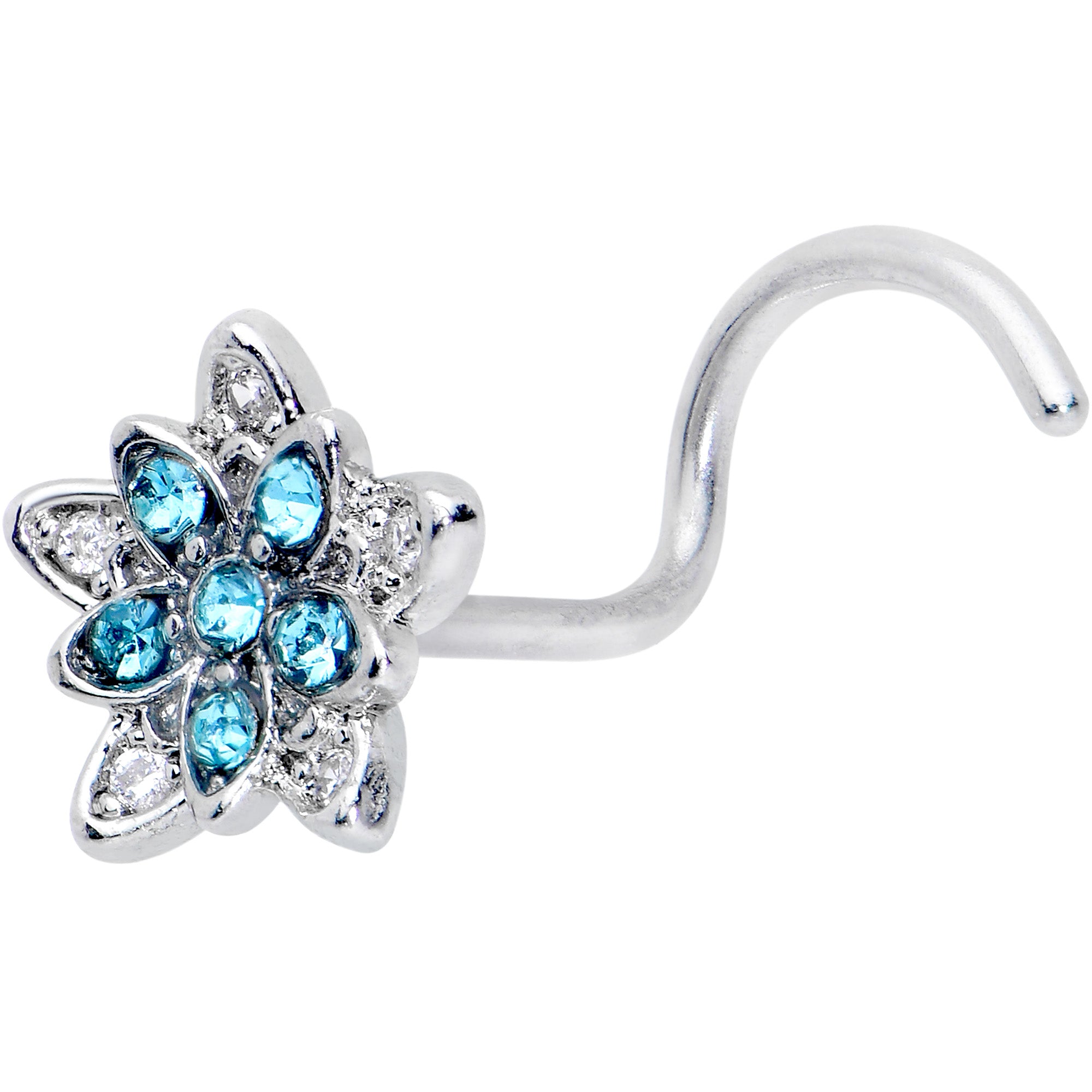 20 Gauge 7mm Blue CZ Gem Snowflake Flower Left Side Nose Screw