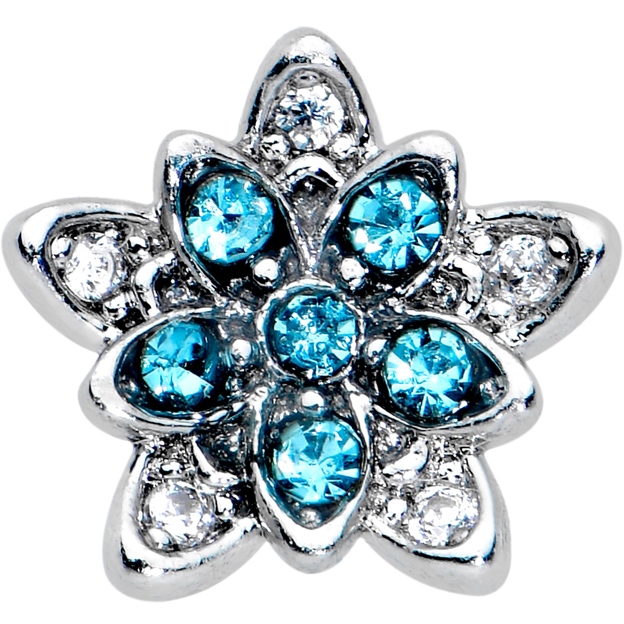 20 Gauge 7mm Blue CZ Gem Snowflake Flower Left Side Nose Screw