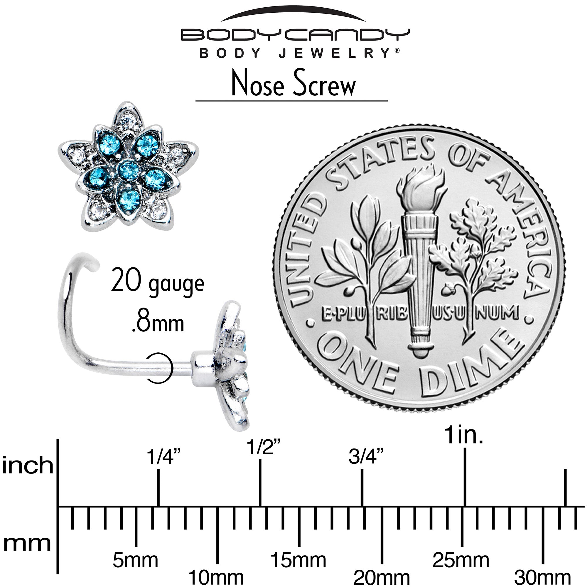 20 Gauge 7mm Blue CZ Gem Snowflake Flower Left Side Nose Screw