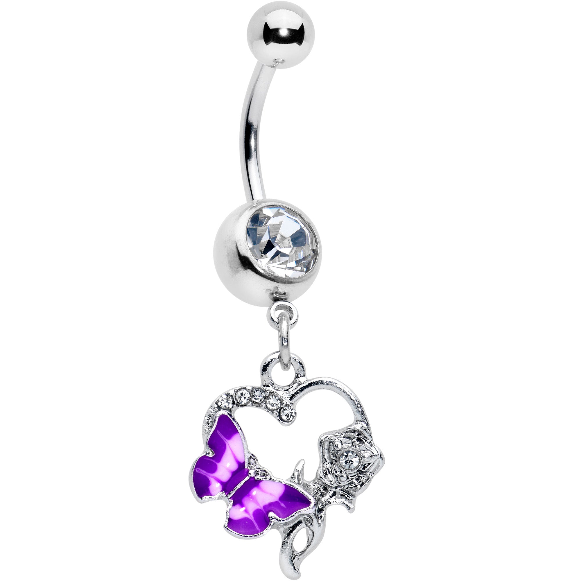 Clear Gem Butterfly Rose Flower Purple Dangle Belly Ring