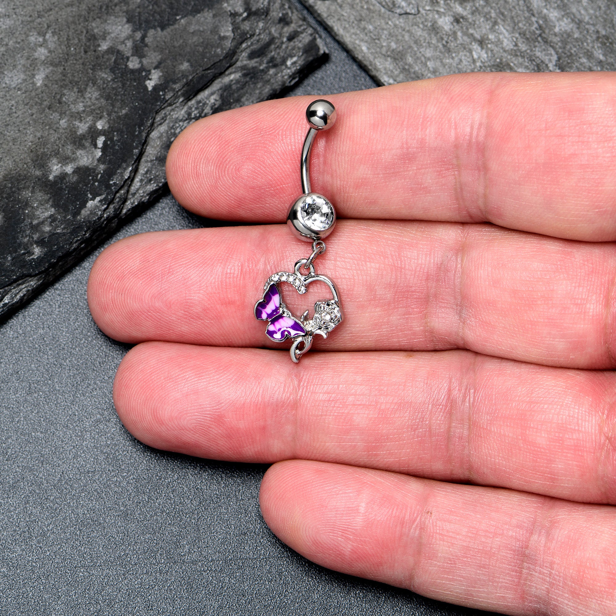 Clear Gem Butterfly Rose Flower Purple Dangle Belly Ring