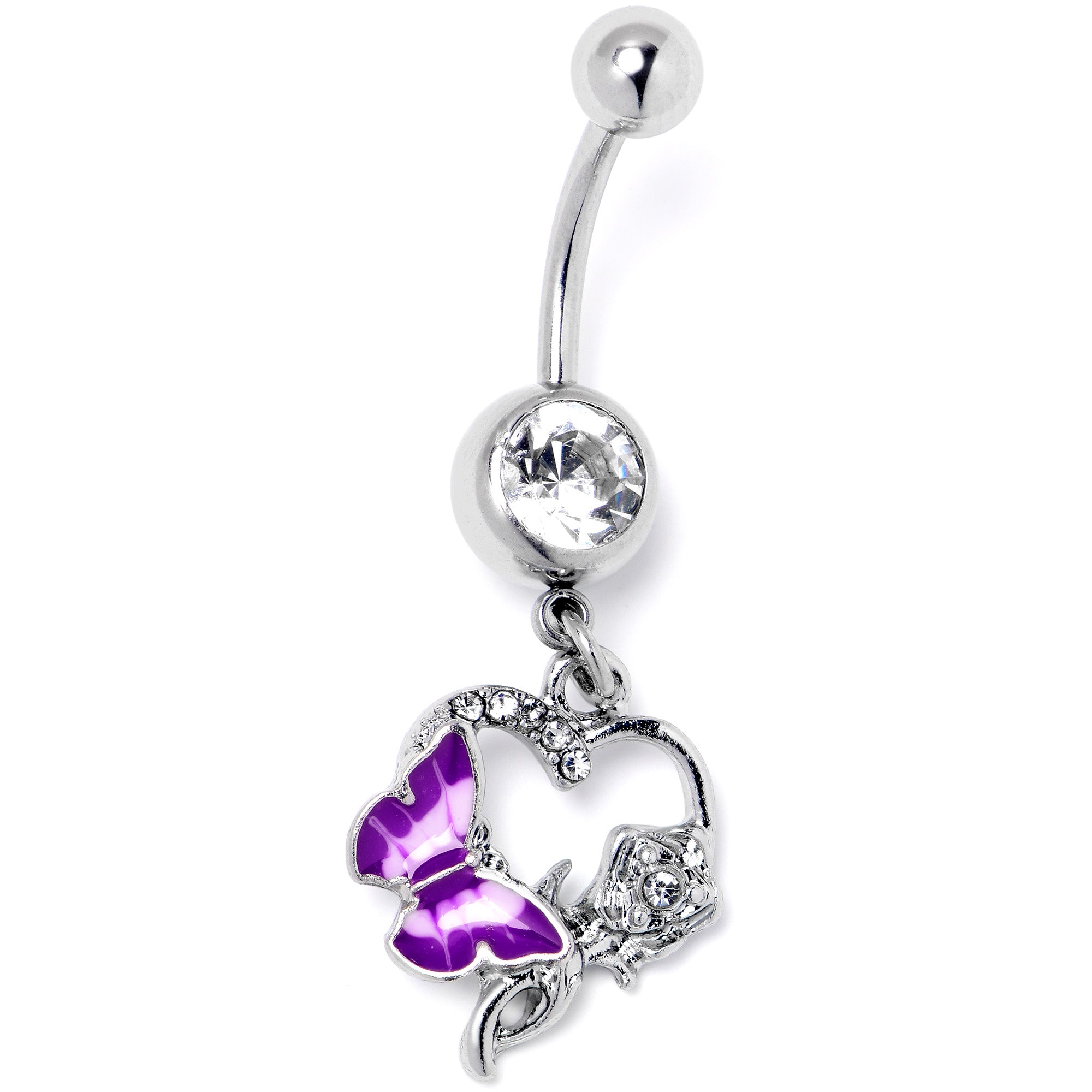 Clear Gem Butterfly Rose Flower Purple Dangle Belly Ring