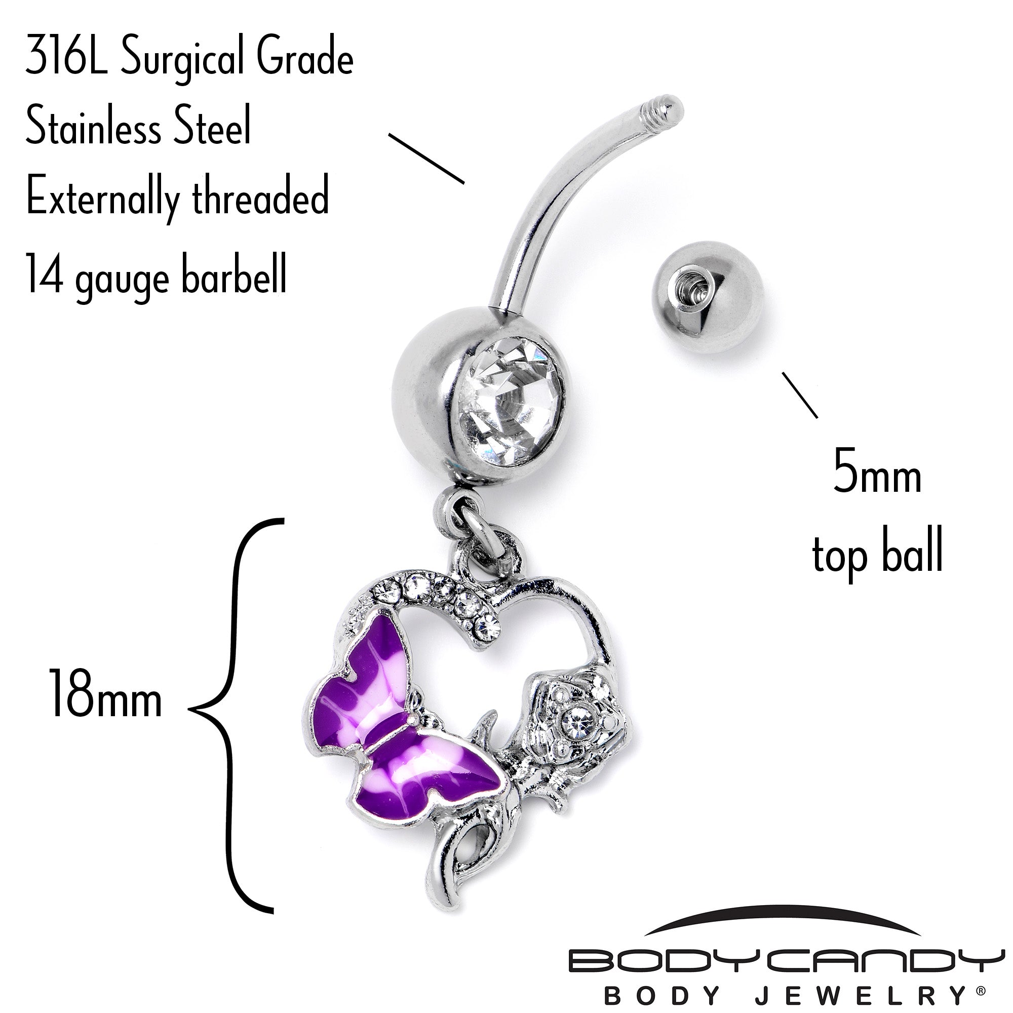 Clear Gem Butterfly Rose Flower Purple Dangle Belly Ring