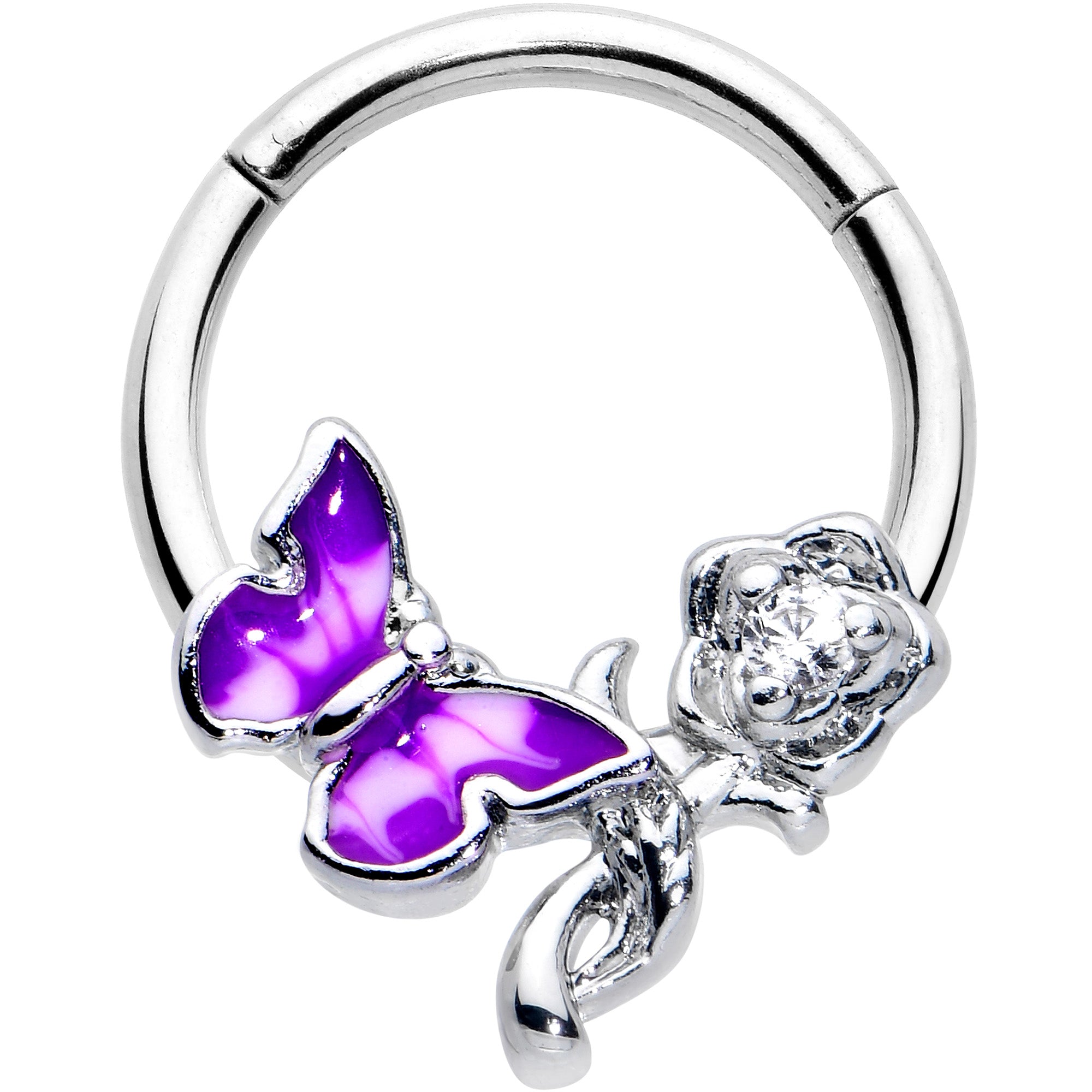 16 Gauge 3/8 Clear CZ Gem Butterfly Rose Purple Hinged Segment Ring