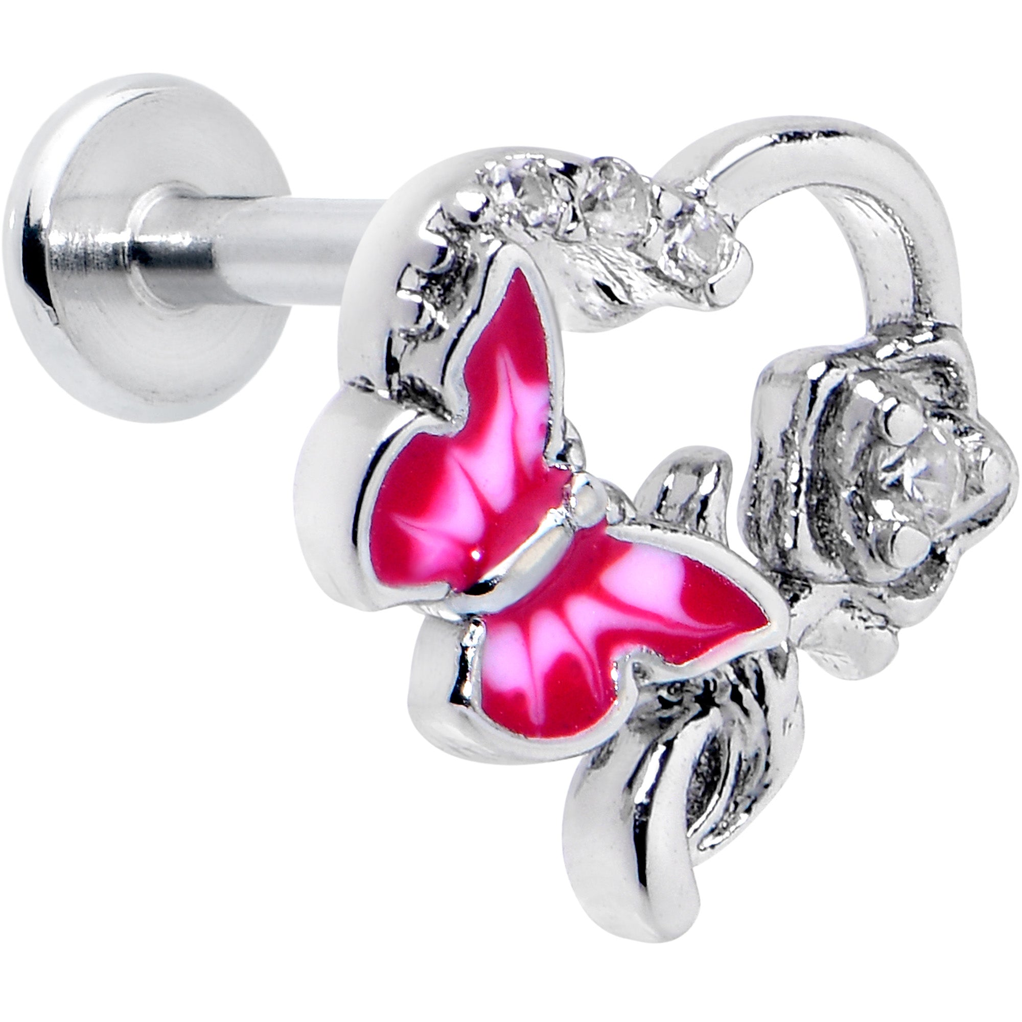 16 Gauge 5/16 Clear CZ Gem Butterfly Rose Pink Internally Threaded Labret