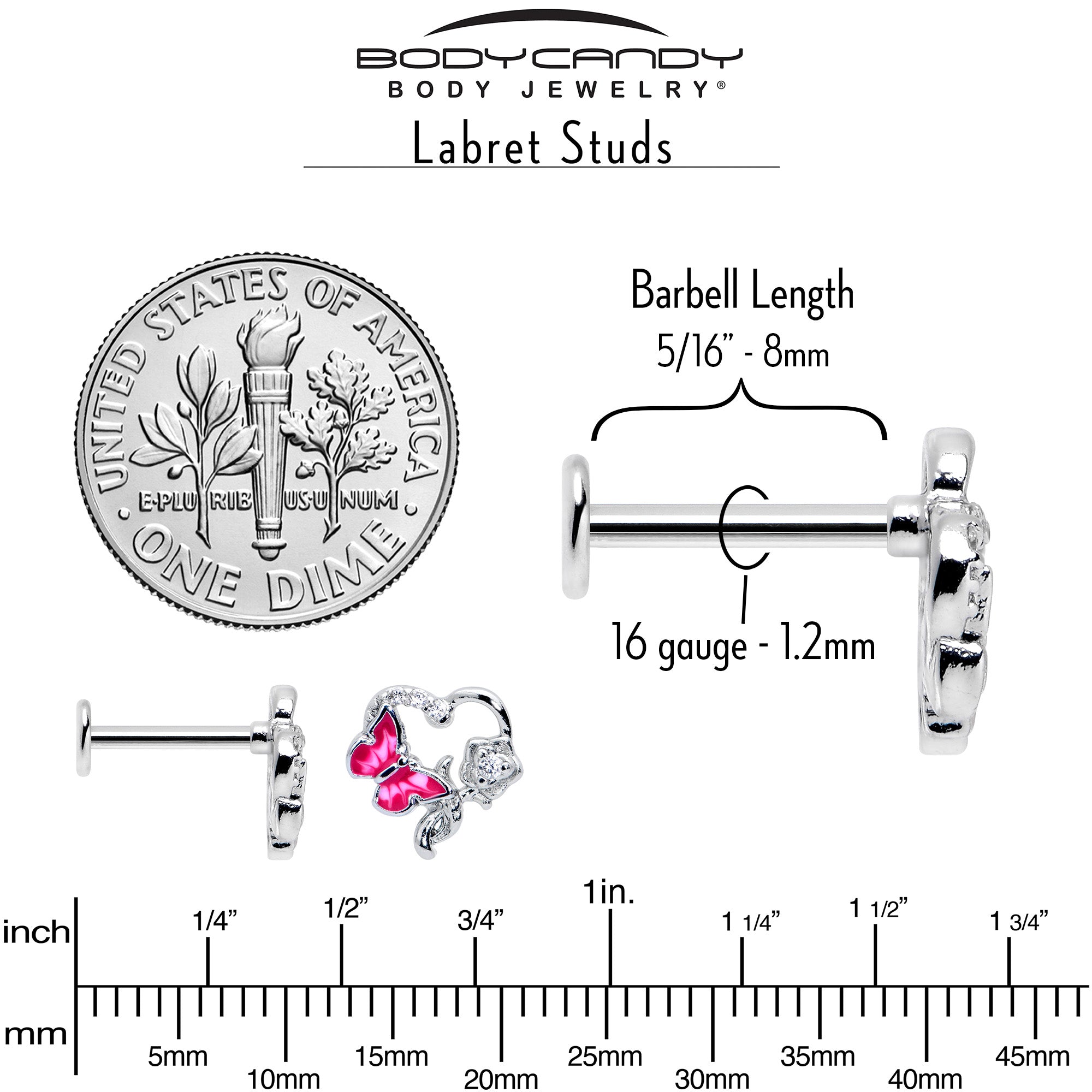 16 Gauge 5/16 Clear CZ Gem Butterfly Rose Pink Internally Threaded Labret