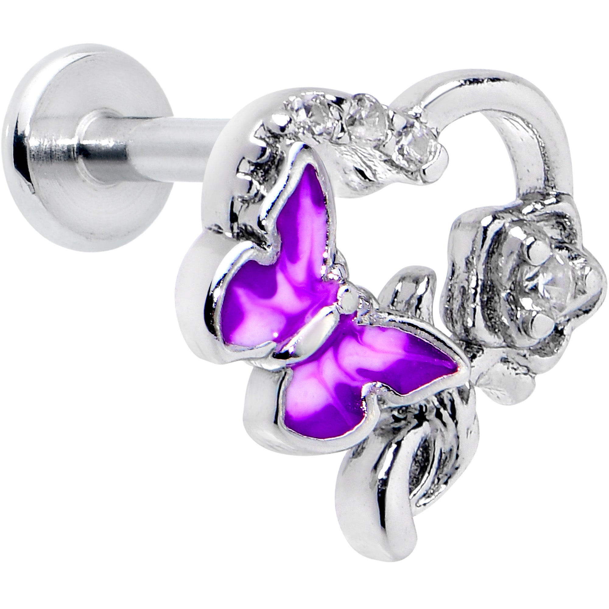 16 Gauge 5/16 Clear CZ Gem Butterfly Rose Purple Internally Threaded Labret