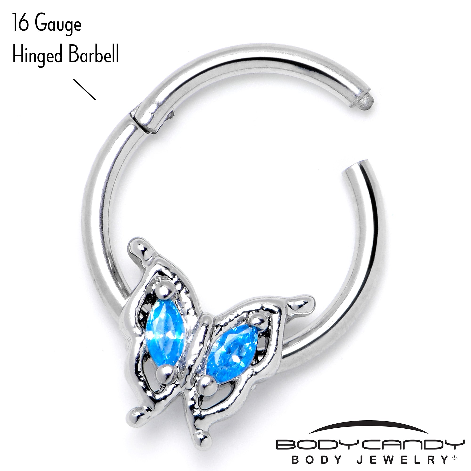 16 Gauge 3/8 Blue Gem Fancy Fab Butterfly Hinged Segment Ring