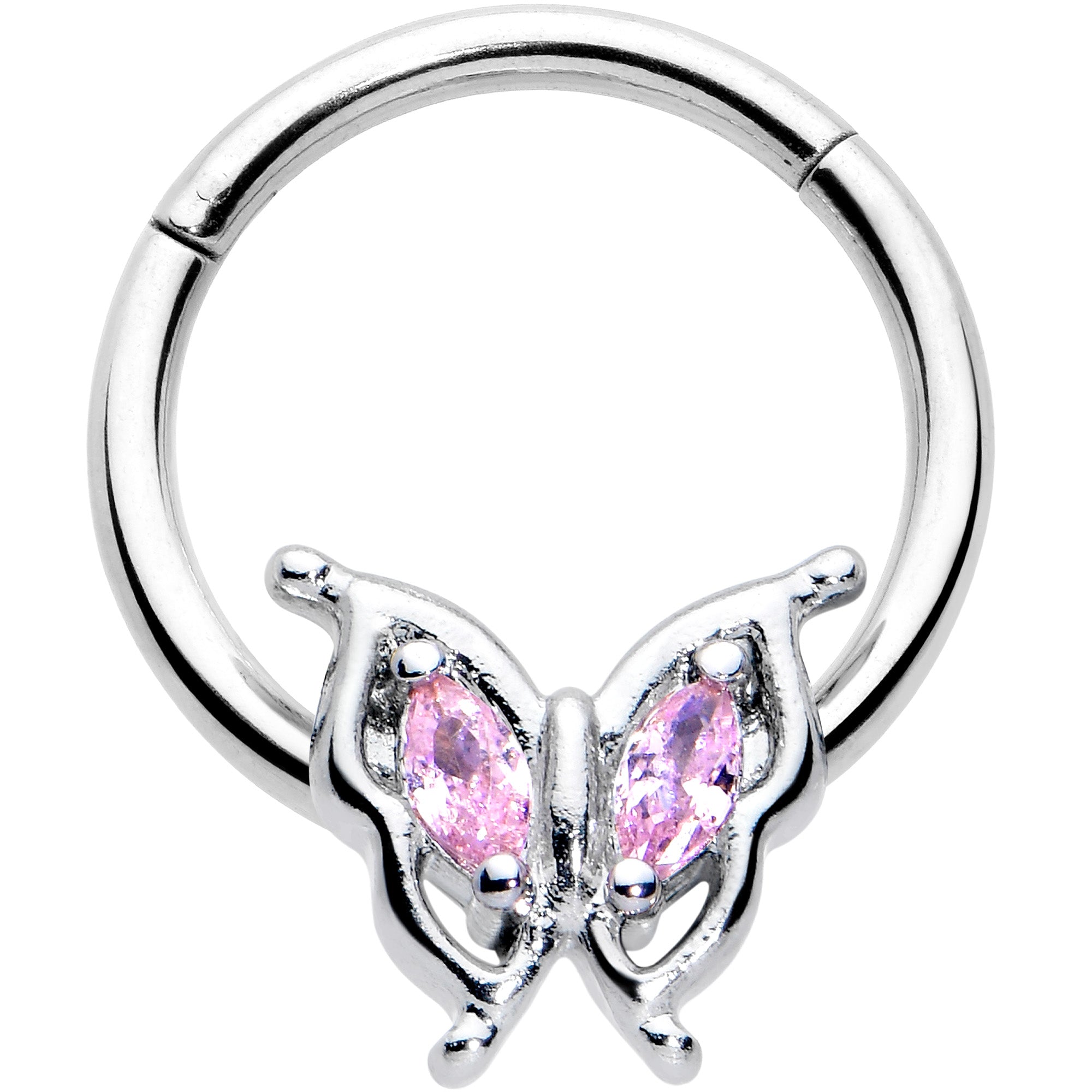 16 Gauge 3/8 Pink Gem Fancy Fab Butterfly Hinged Segment Ring