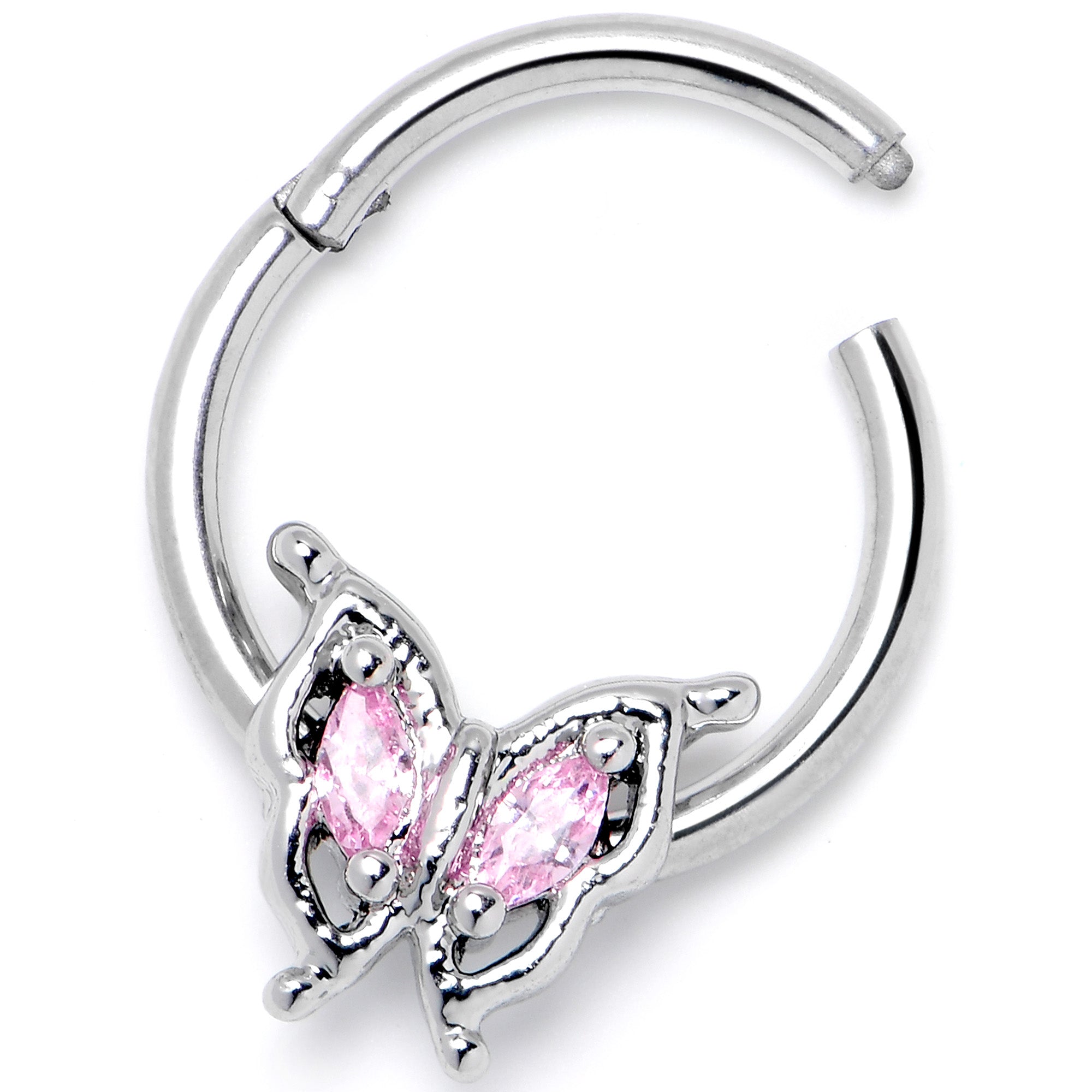 16 Gauge 3/8 Pink Gem Fancy Fab Butterfly Hinged Segment Ring