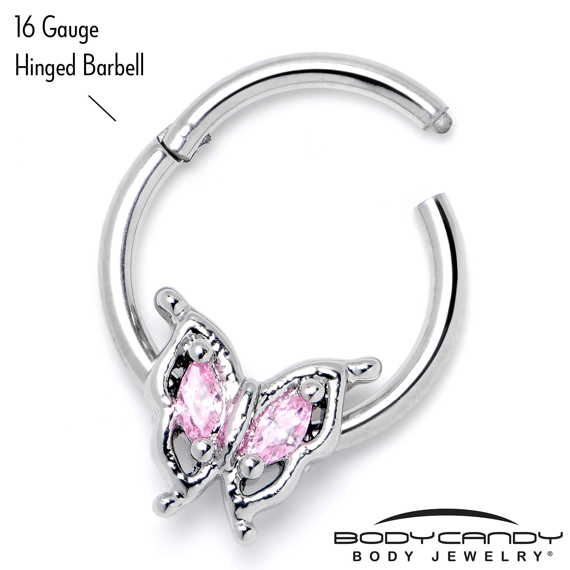 16 Gauge 3/8 Pink Gem Fancy Fab Butterfly Hinged Segment Ring