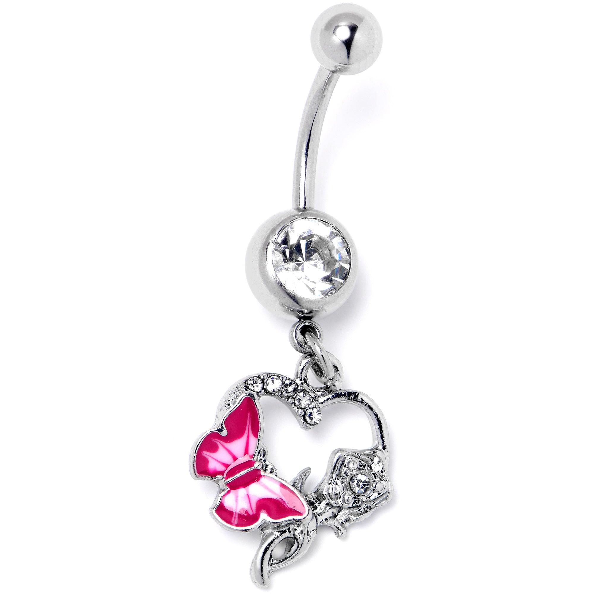 Clear Gem Butterfly Rose Flower Pink Dangle Belly Ring