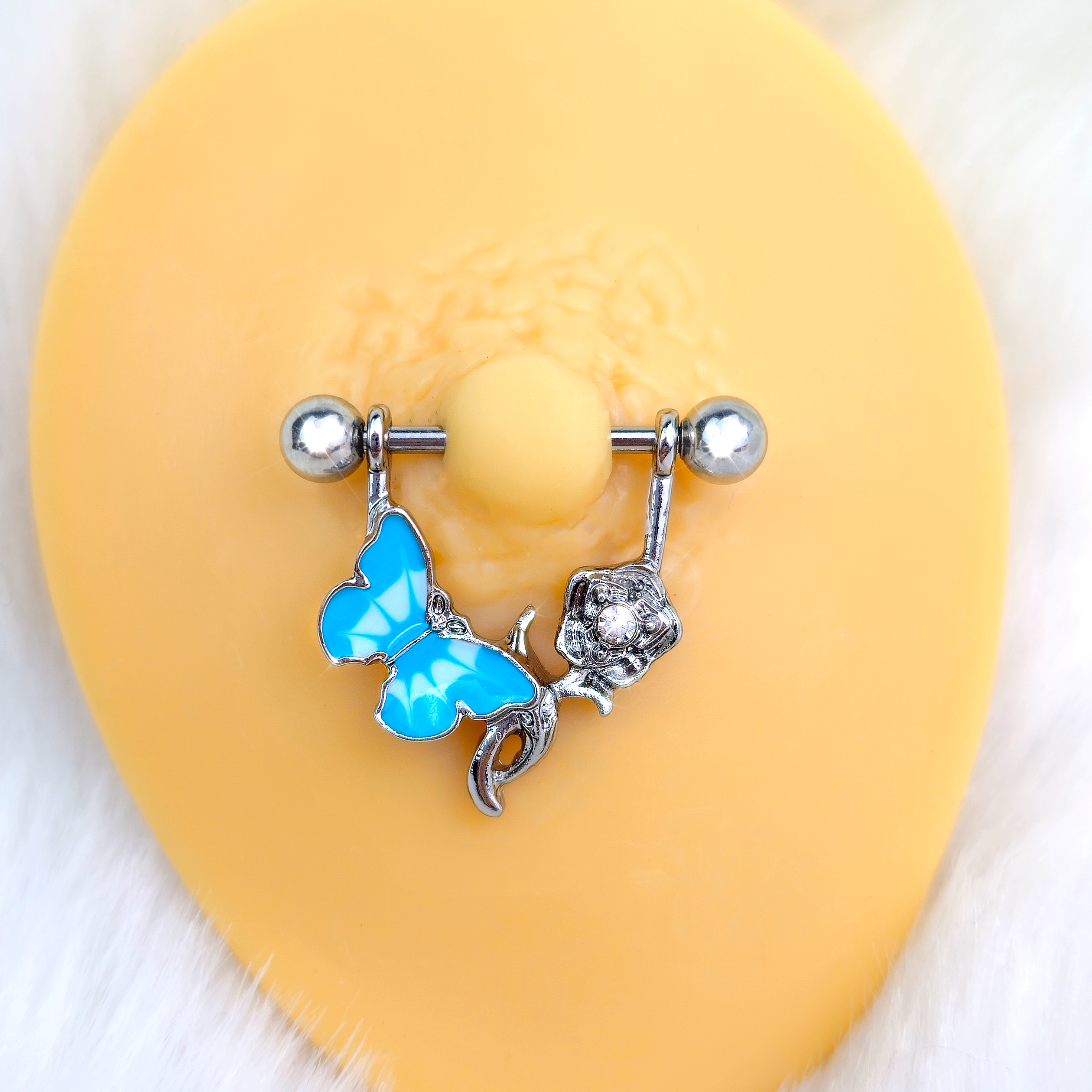 14 Gauge 9/16 Butterfly Blue Rose Flower Dangle Nipple Ring Set