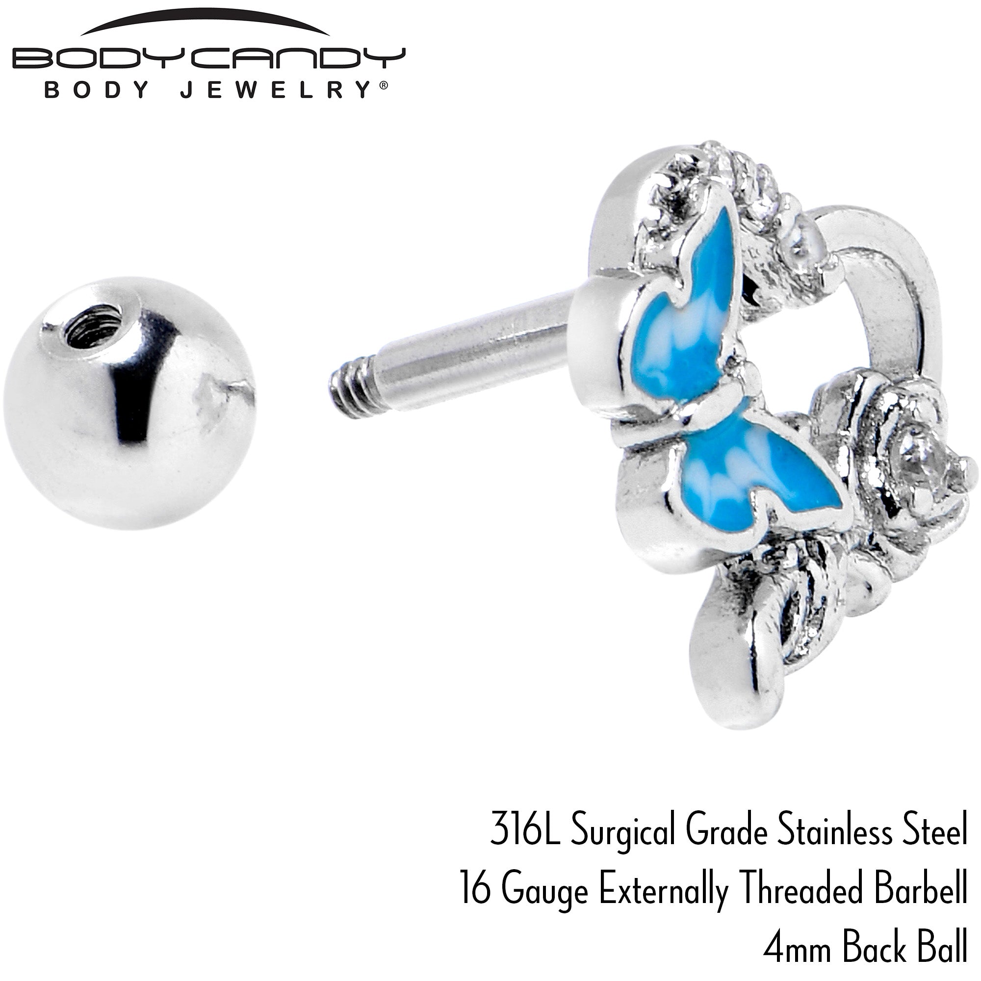 16 Gauge 1/4 Clear CZ Gem Butterfly Rose Blue Cartilage Tragus Stud