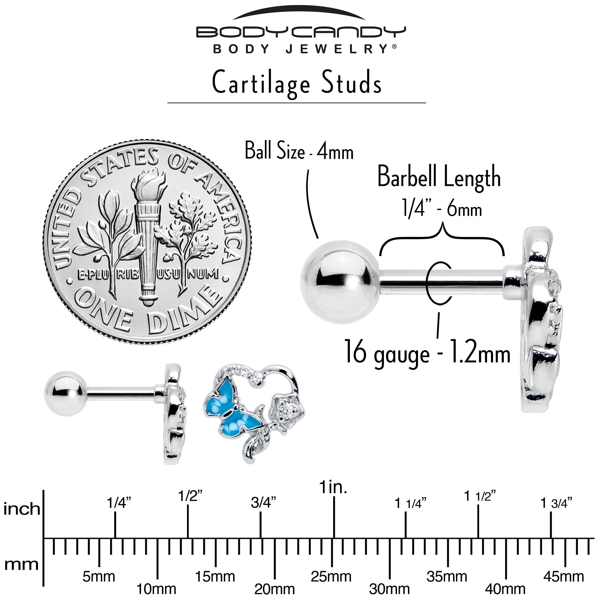 16 Gauge 1/4 Clear CZ Gem Butterfly Rose Blue Cartilage Tragus Stud