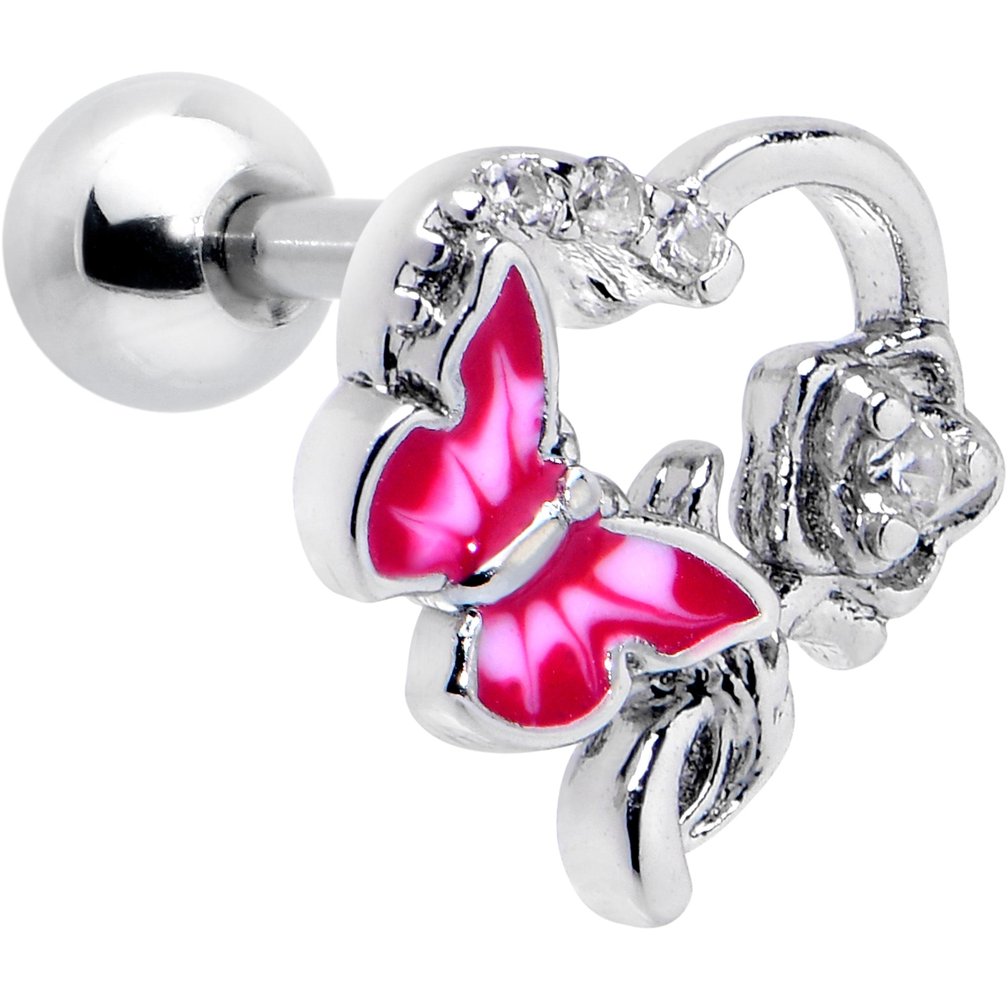 16 Gauge 1/4 Clear CZ Gem Butterfly Rose Pink Cartilage Tragus Stud