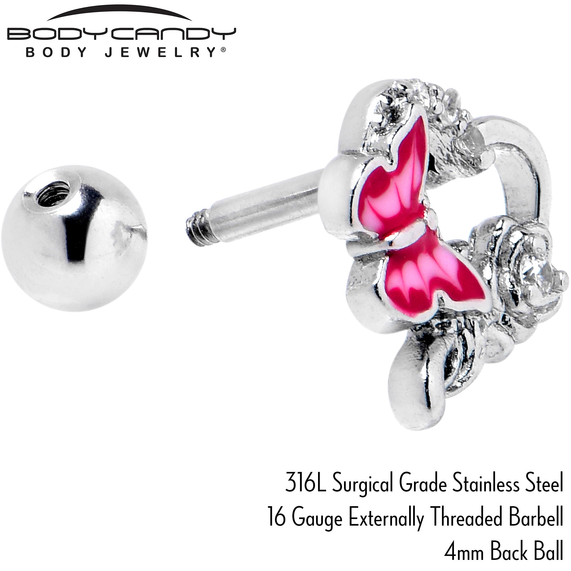 16 Gauge 1/4 Clear CZ Gem Butterfly Rose Pink Cartilage Tragus Stud