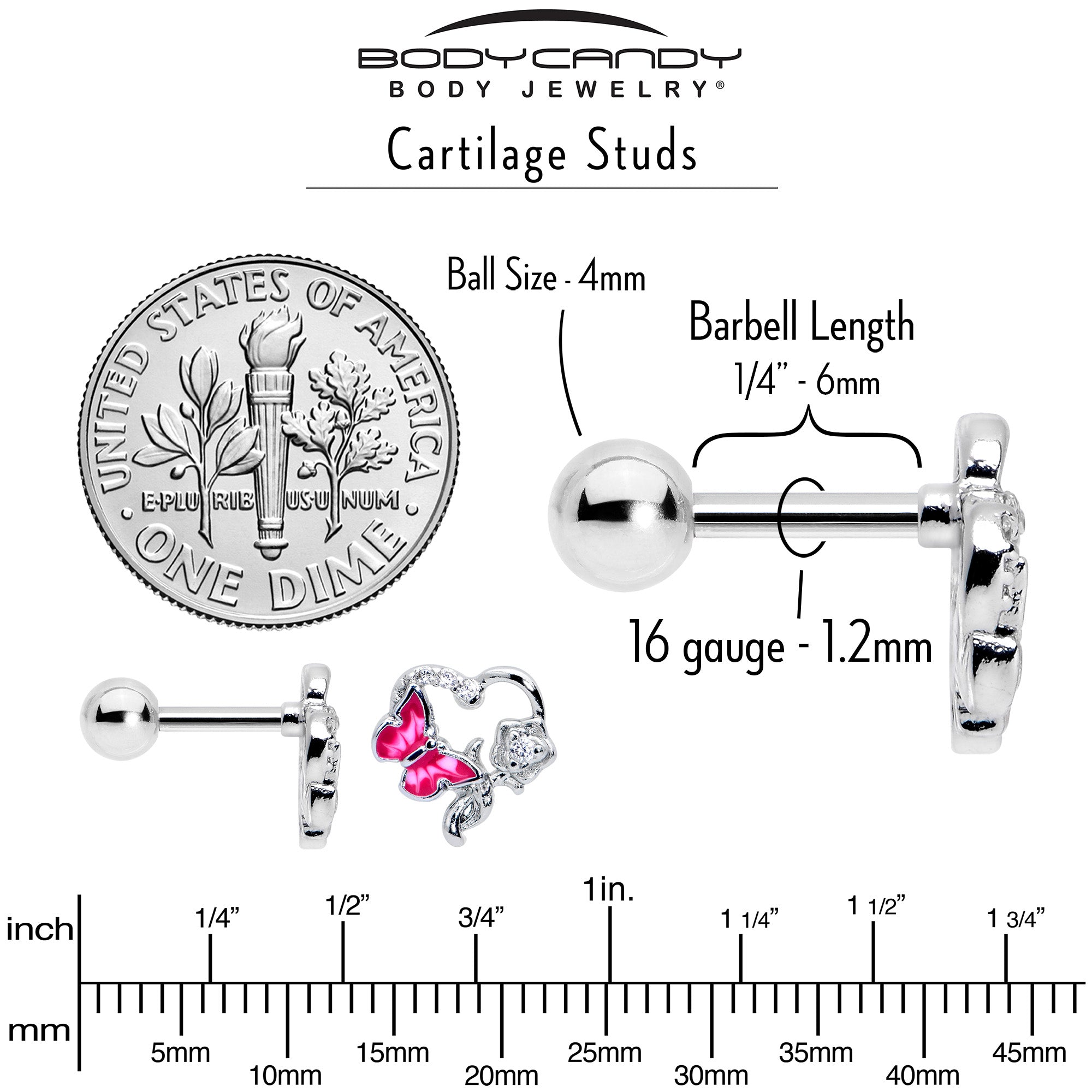 16 Gauge 1/4 Clear CZ Gem Butterfly Rose Pink Cartilage Tragus Stud