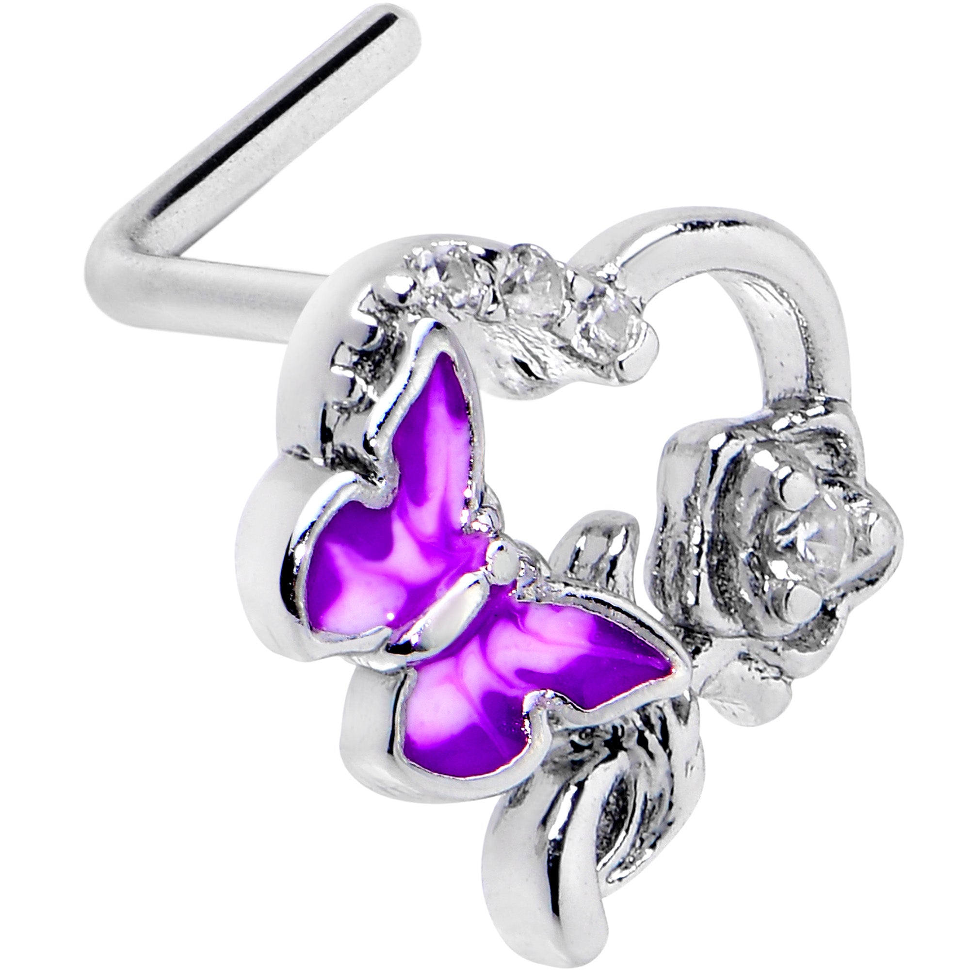 20 Gauge 7mm Clear CZ Gem Butterfly Rose Flower Purple L Shape Nose Ring