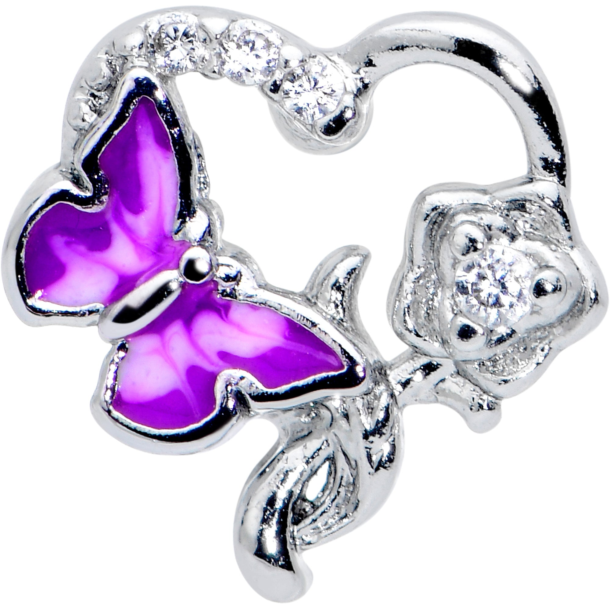 20 Gauge 7mm Clear CZ Gem Butterfly Rose Flower Purple L Shape Nose Ring