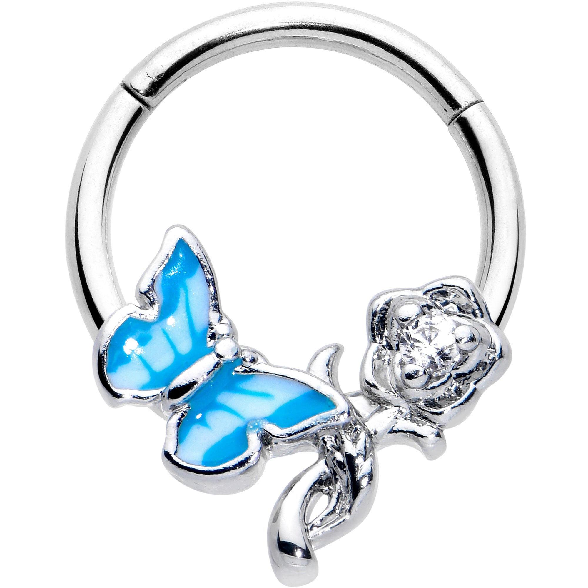 16 Gauge 3/8 Clear CZ Gem Butterfly Rose Blue Hinged Segment Ring