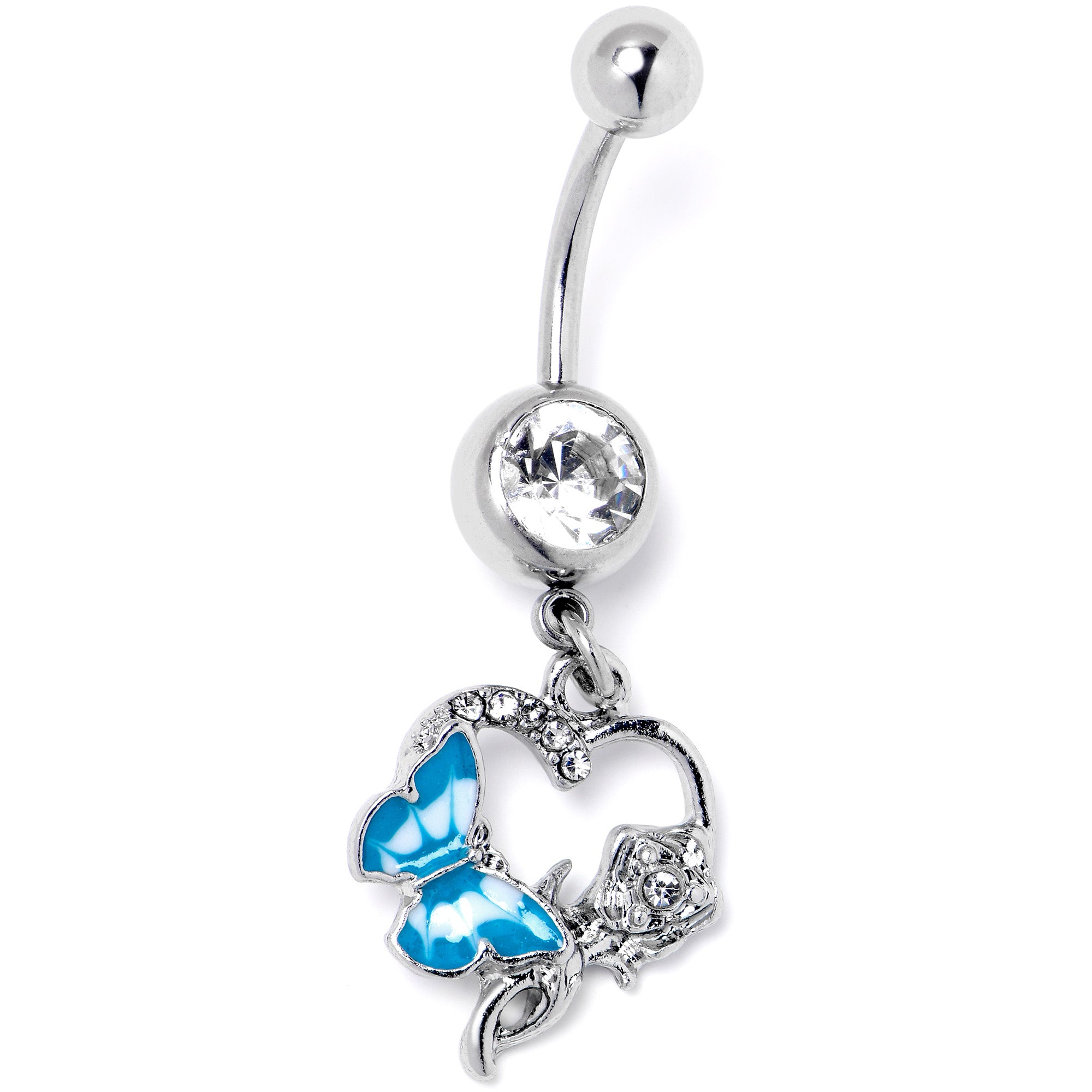 Clear Gem Butterfly Rose Flower Blue Dangle Belly Ring