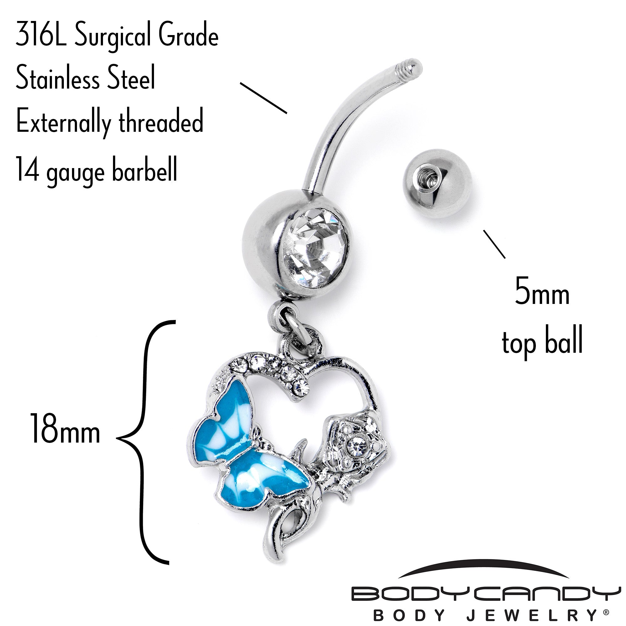 Clear Gem Butterfly Rose Flower Blue Dangle Belly Ring