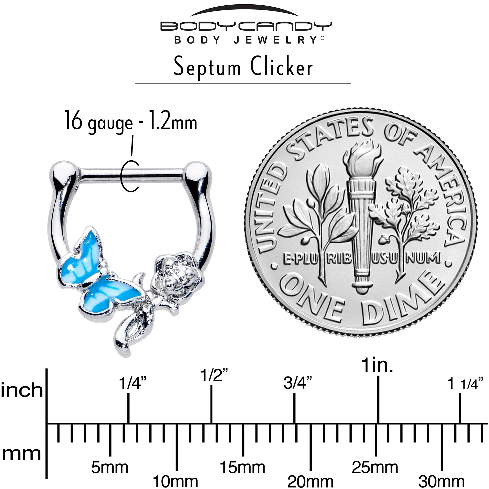 16 Gauge 5/6 Clear Gem Butterfly Rose Flower Blue Cartilage Clicker