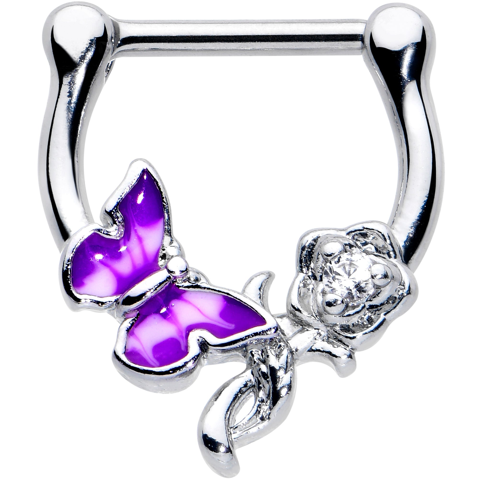 16 Gauge 5/6 Clear Gem Butterfly Rose Flower Purple Cartilage Clicker