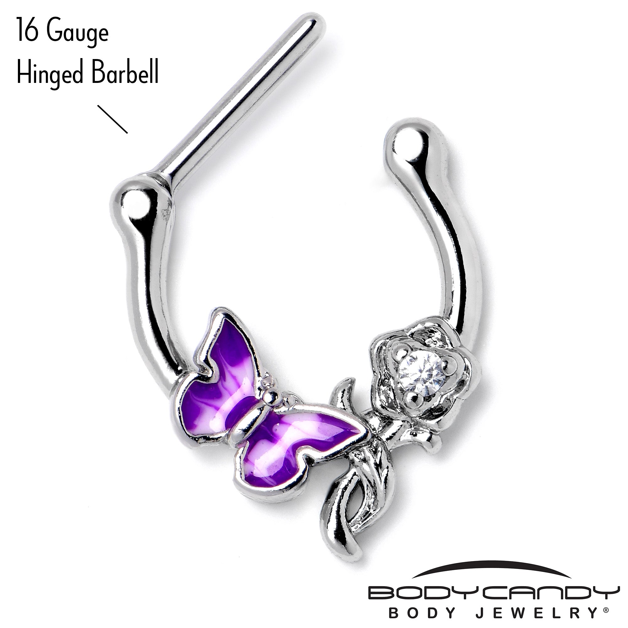 16 Gauge 5/6 Clear Gem Butterfly Rose Flower Purple Cartilage Clicker