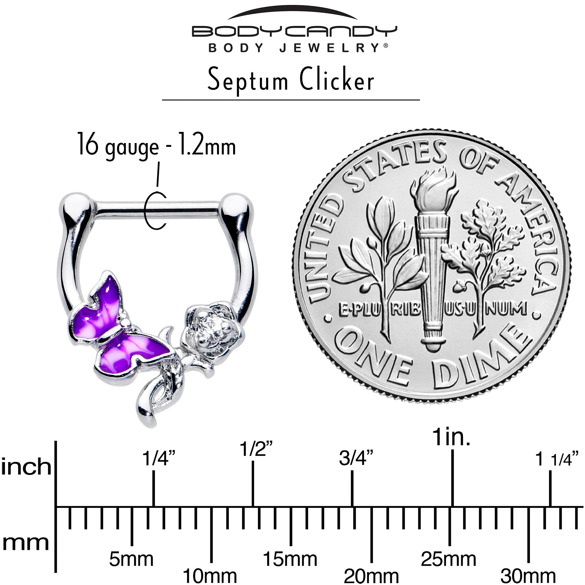 16 Gauge 5/6 Clear Gem Butterfly Rose Flower Purple Cartilage Clicker