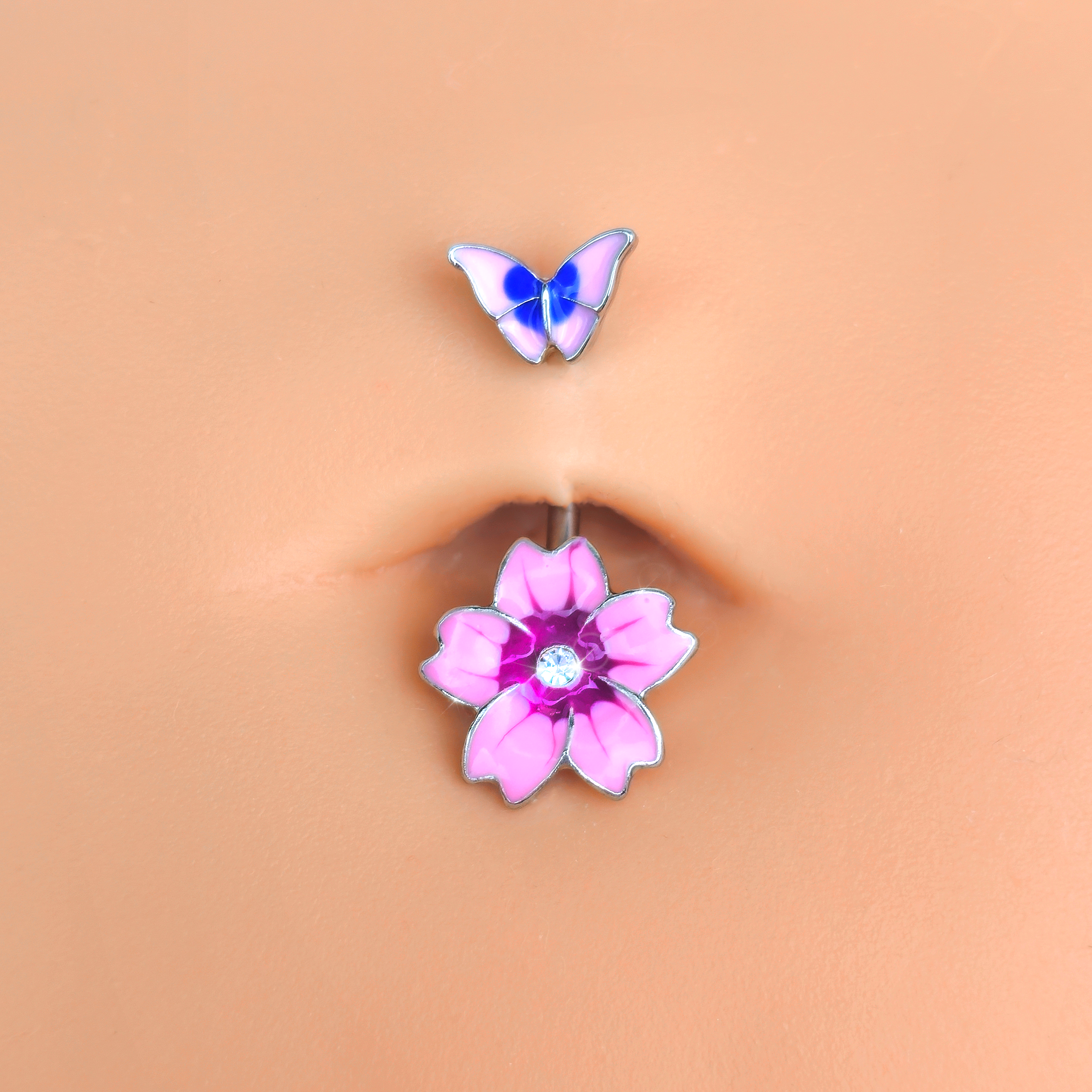 Clear Gem Perfectly Pink Flower Butterfly Double Mount Belly Ring