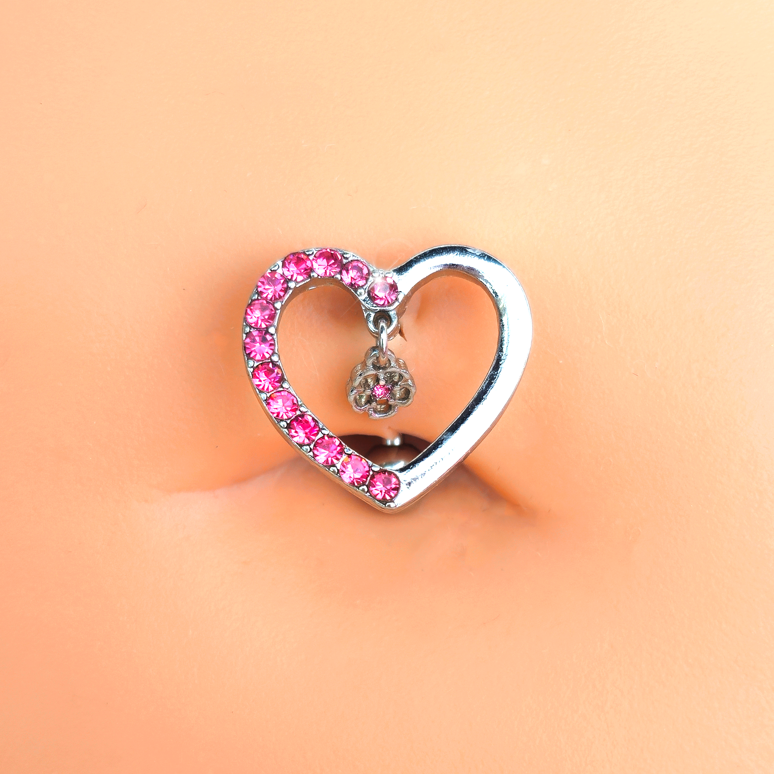 Pink CZ Gem Asymmetrical Heart Flower Dangle Top Mount Belly Ring