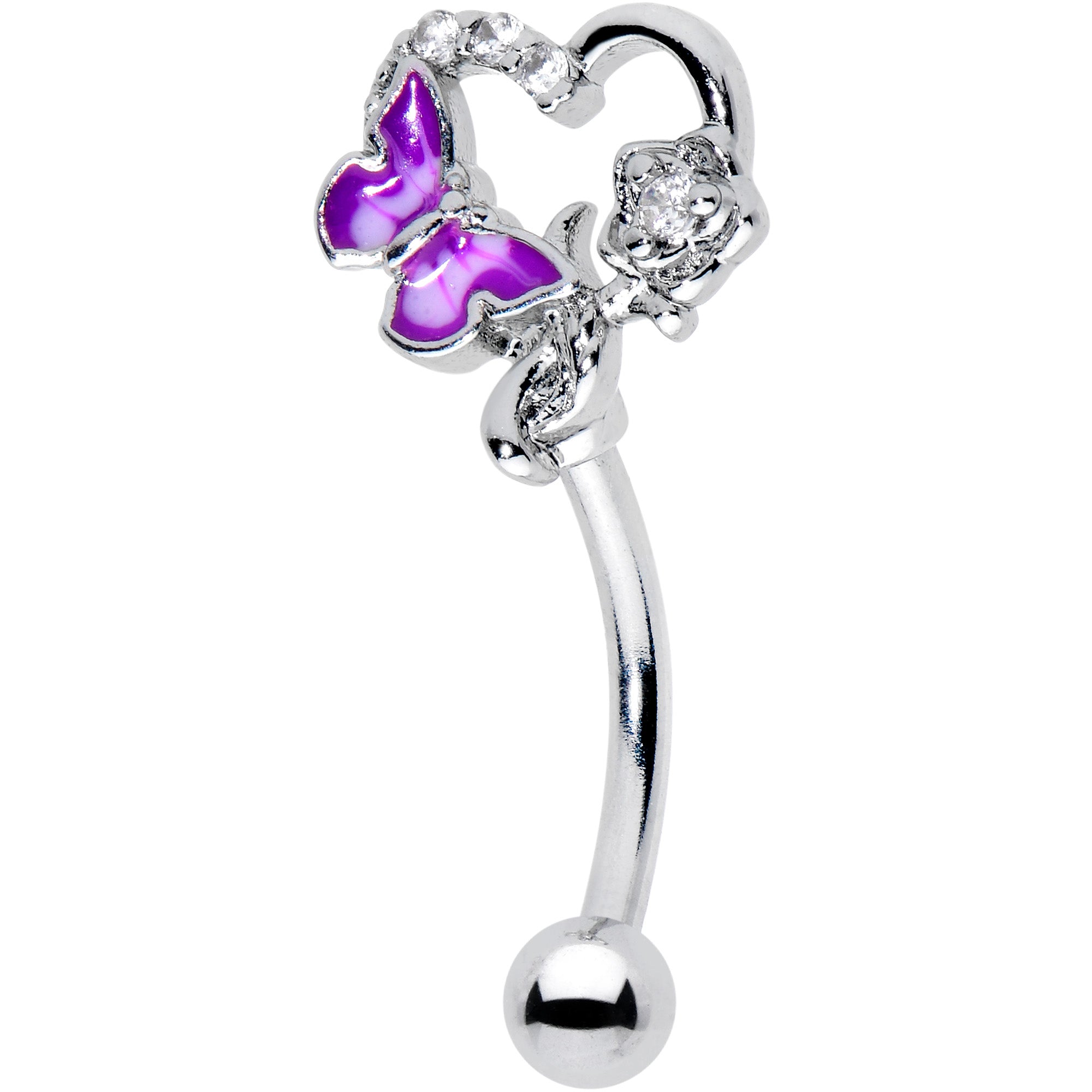 16 Gauge 5/16 Clear CZ Gem Butterfly Rose Purple Curved Eyebrow Ring