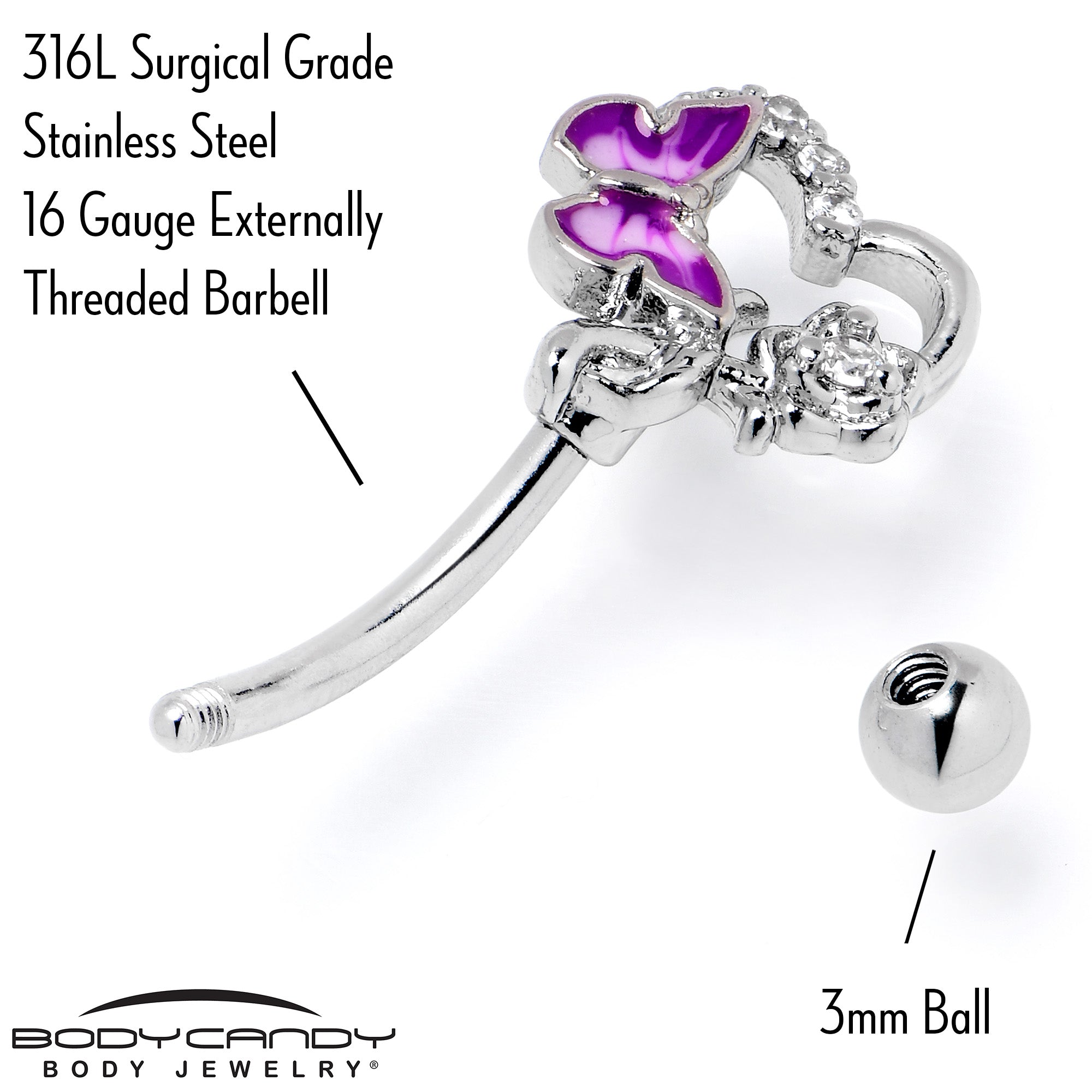 16 Gauge 5/16 Clear CZ Gem Butterfly Rose Purple Curved Eyebrow Ring