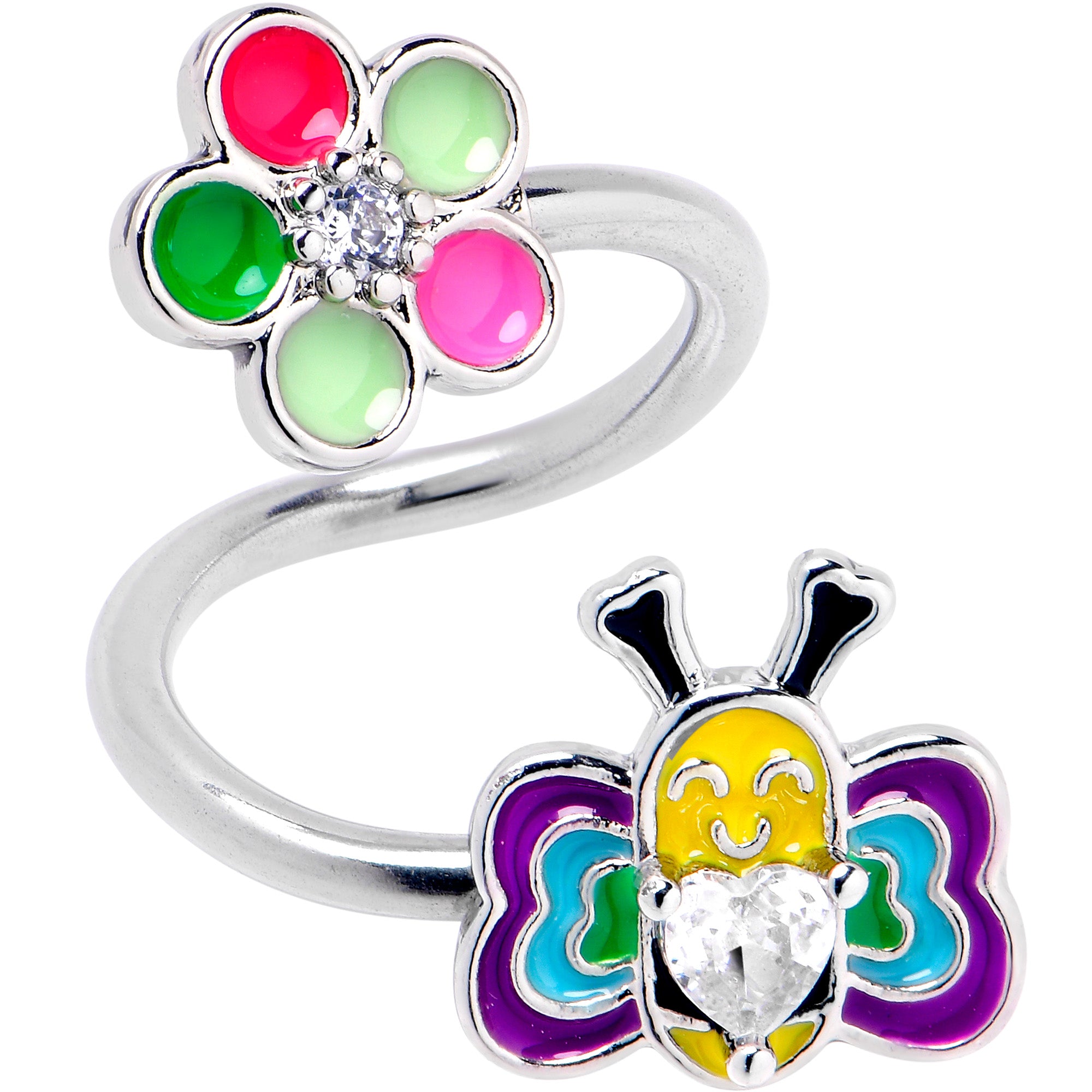 14 Gauge 3/8 Clear CZ Gem Butterfly Love Bug Spiral Twister Belly Ring