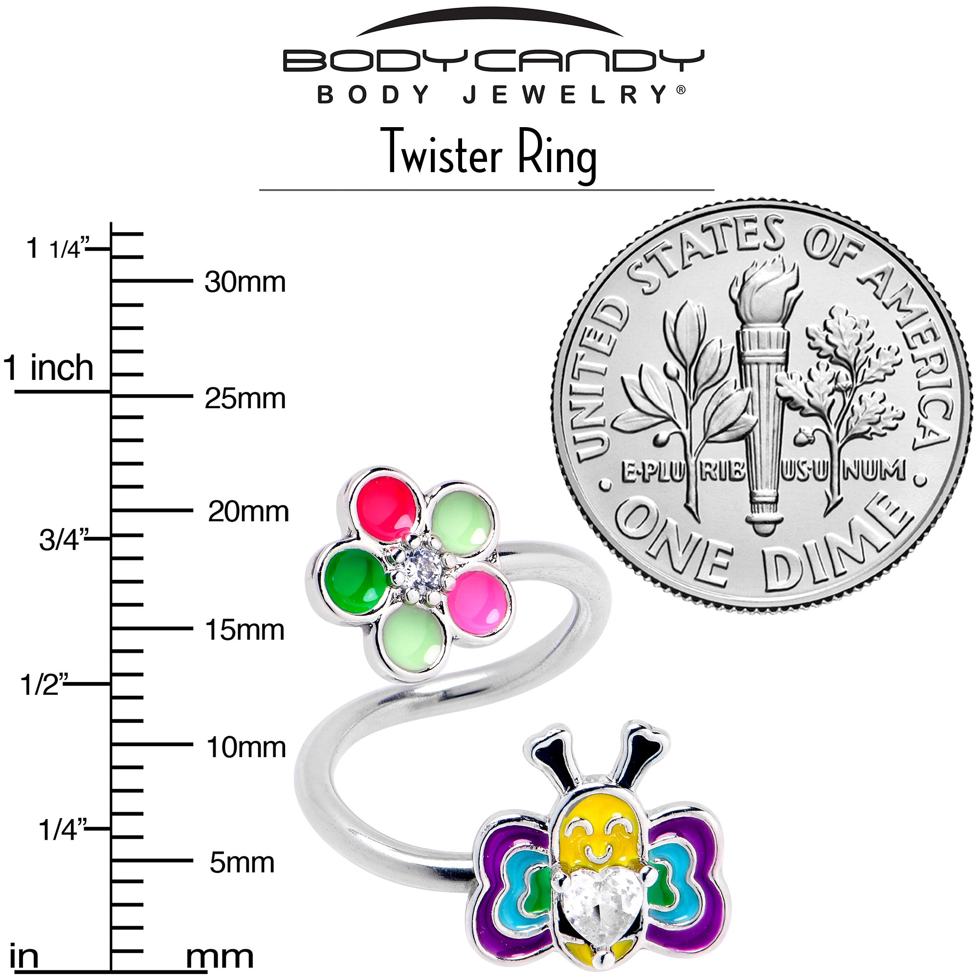 14 Gauge 3/8 Clear CZ Gem Butterfly Love Bug Spiral Twister Belly Ring