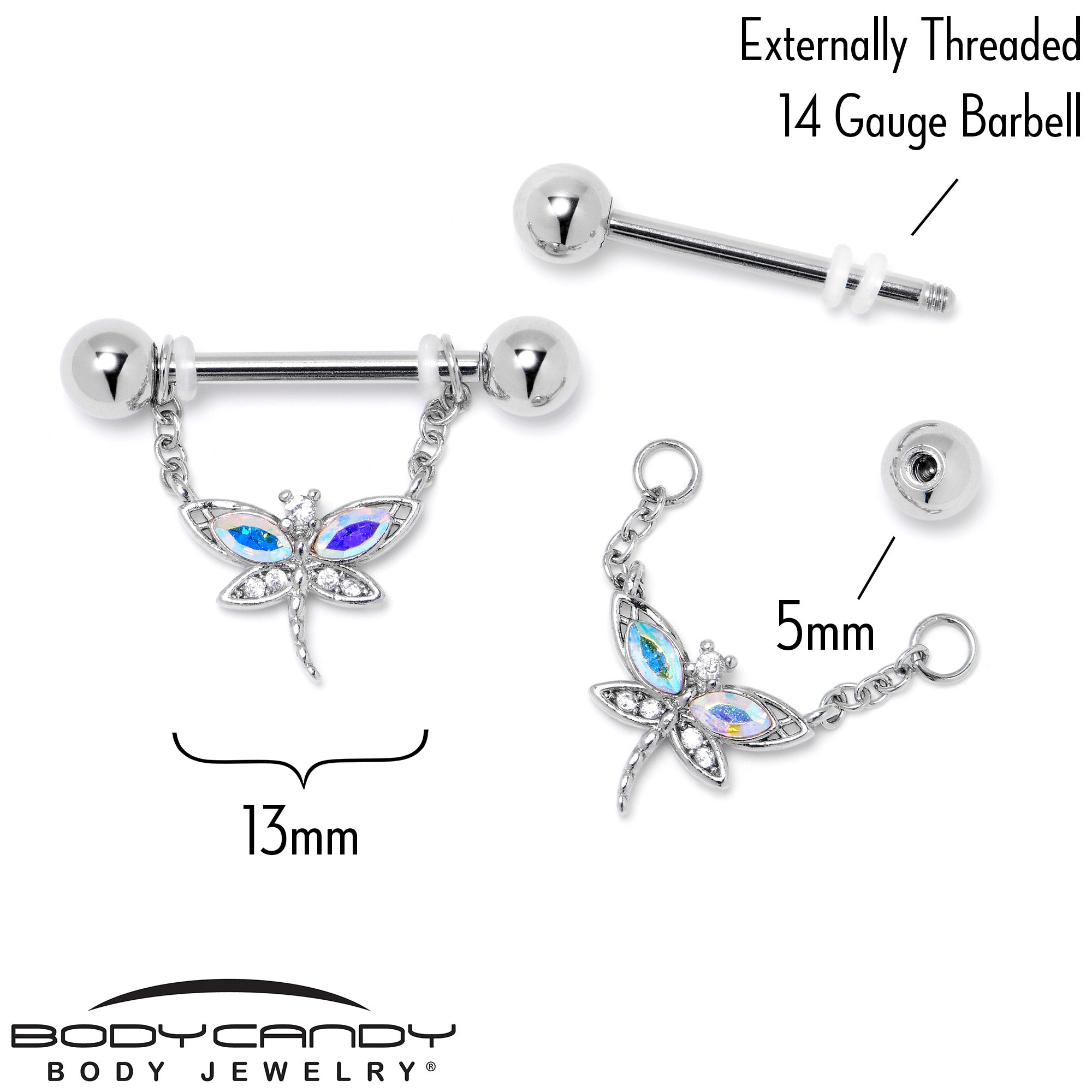 14 Gauge 9/16 Aurora CZ Gem Understated Dragonfly Dangle Nipple Ring Set