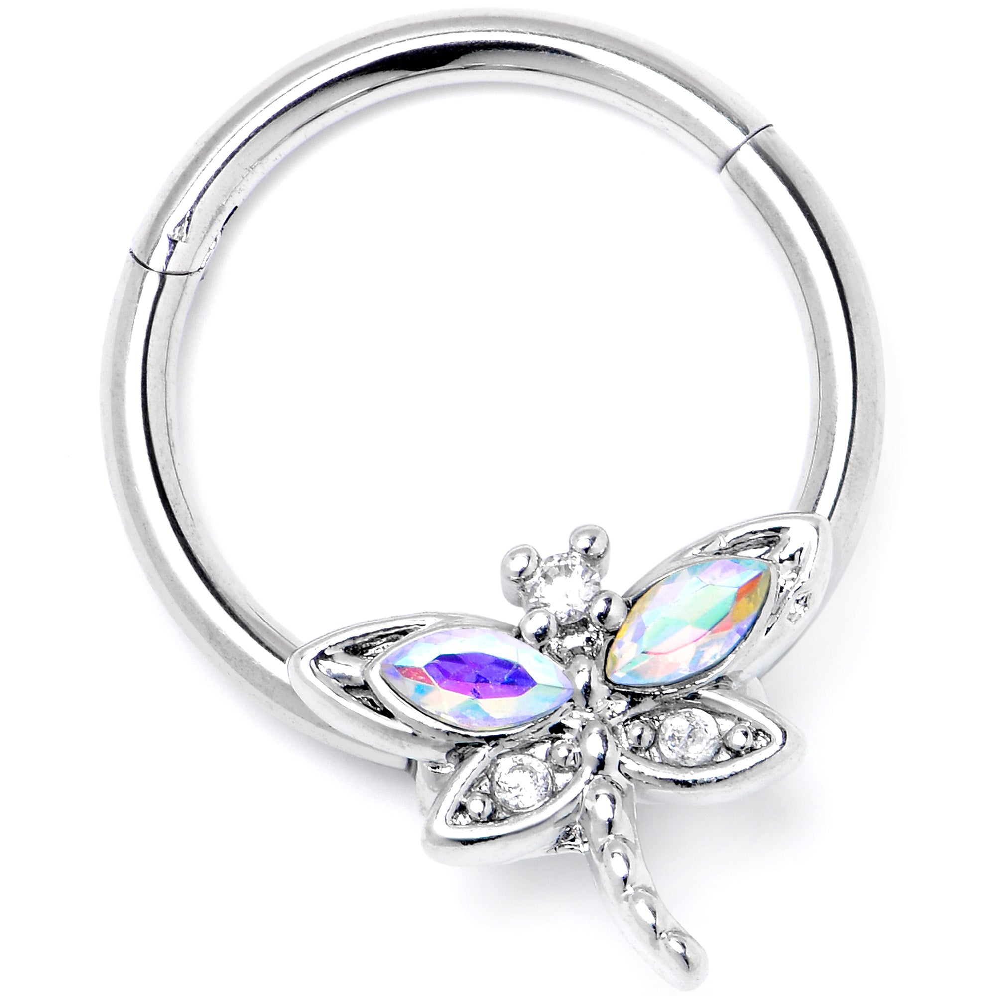 16 Gauge 3/8 Aurora CZ Gem Understated Dragonfly Hinged Segment Ring