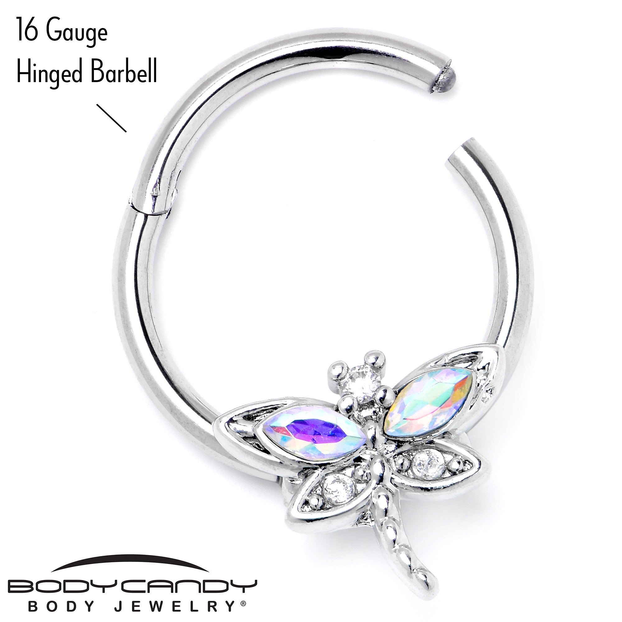 16 Gauge 3/8 Aurora CZ Gem Understated Dragonfly Hinged Segment Ring