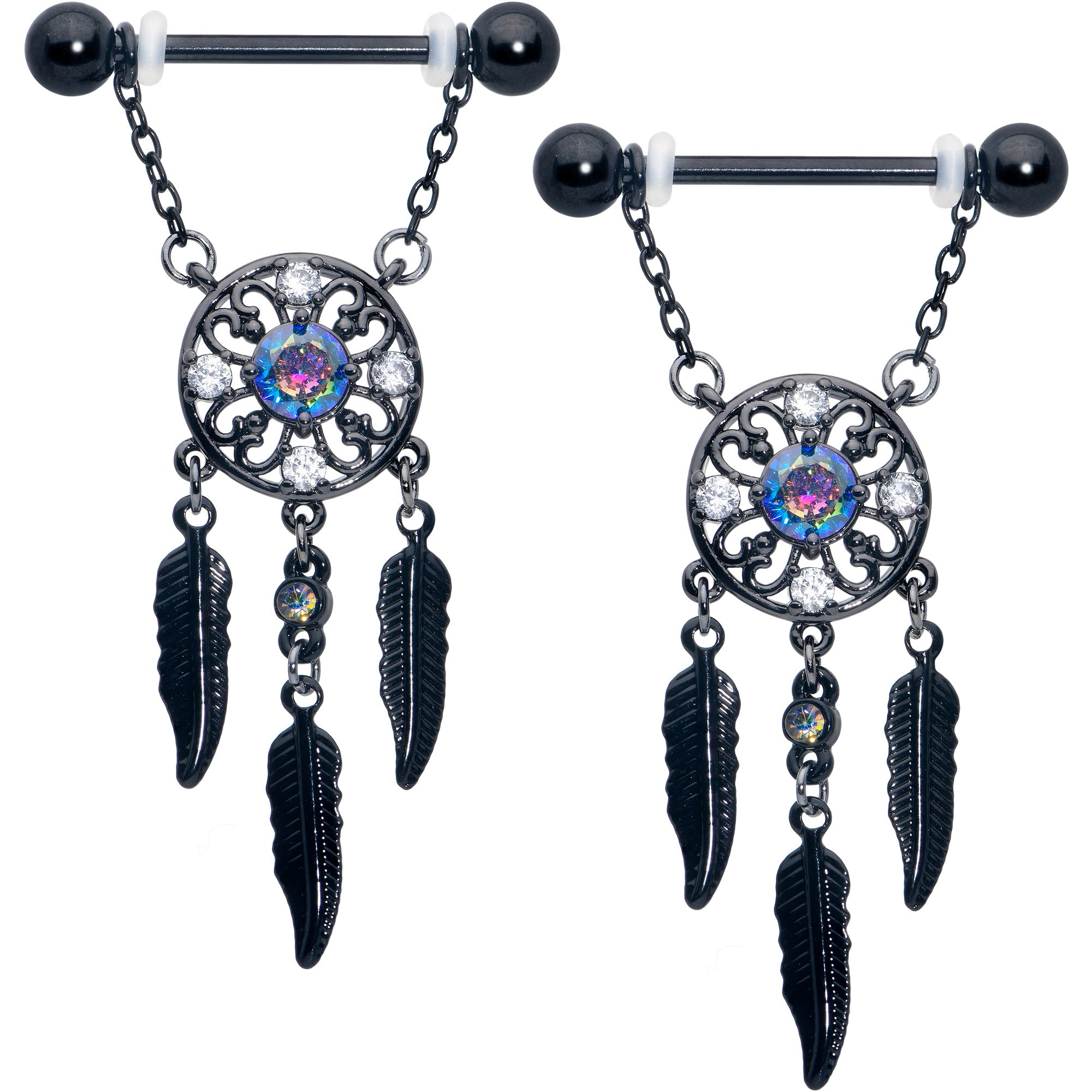 14 Gauge 9/16 Aurora CZ Gem Black Dreamcatcher Dangle Nipple Ring Set