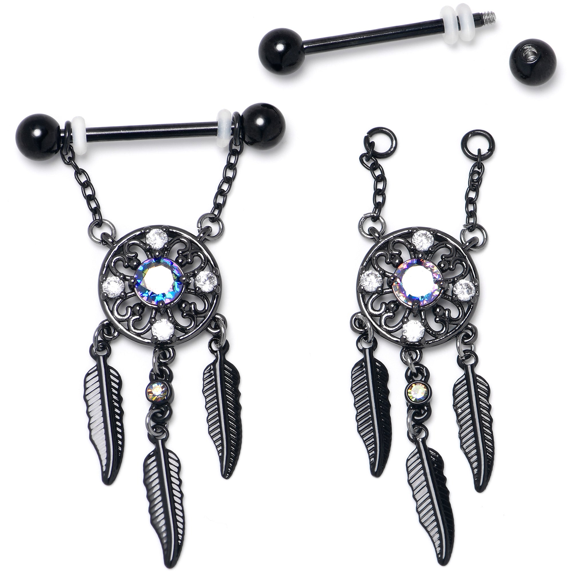 14 Gauge 9/16 Aurora CZ Gem Black Dreamcatcher Dangle Nipple Ring Set