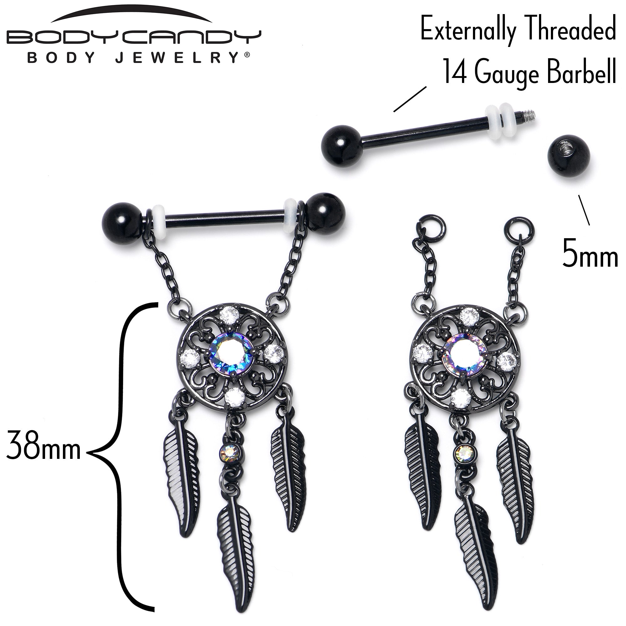 14 Gauge 9/16 Aurora CZ Gem Black Dreamcatcher Dangle Nipple Ring Set