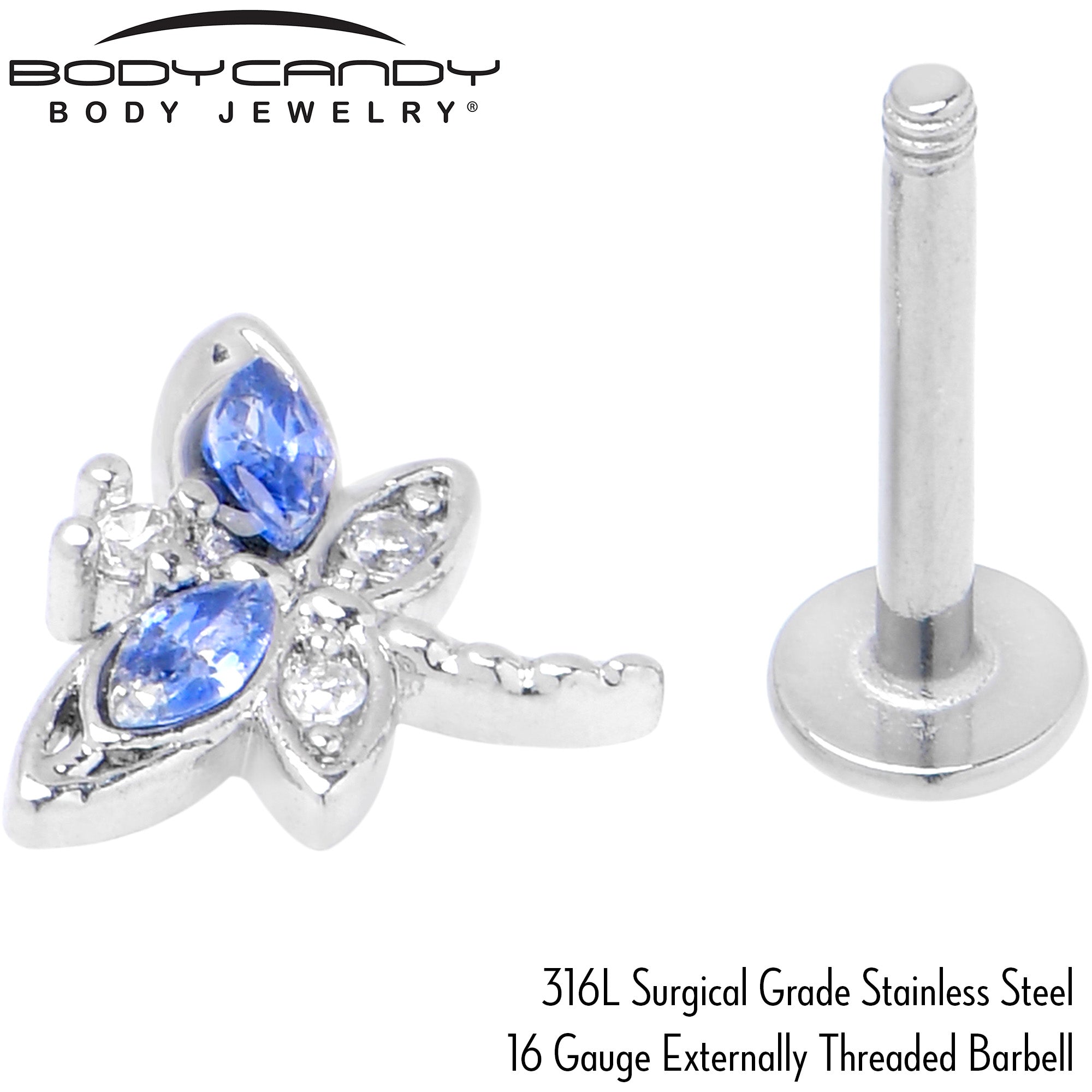 16 Gauge 5/16 Blue CZ Gem Dragonfly Style Labret Monroe Tragus